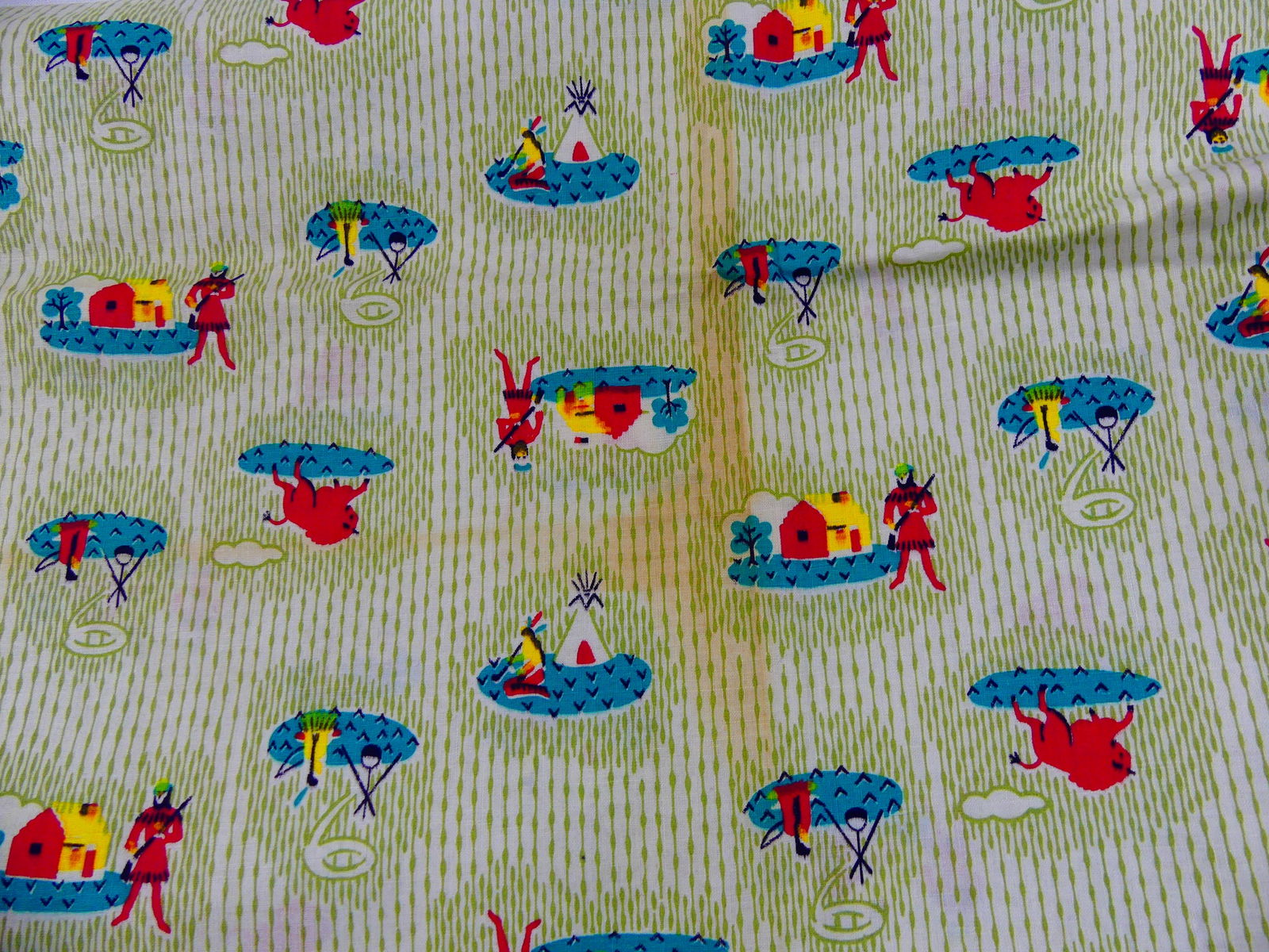 Vintage 1940-50's Cotton Cowboy/Indian Print Fabric: approx. 36" x 172", see photos