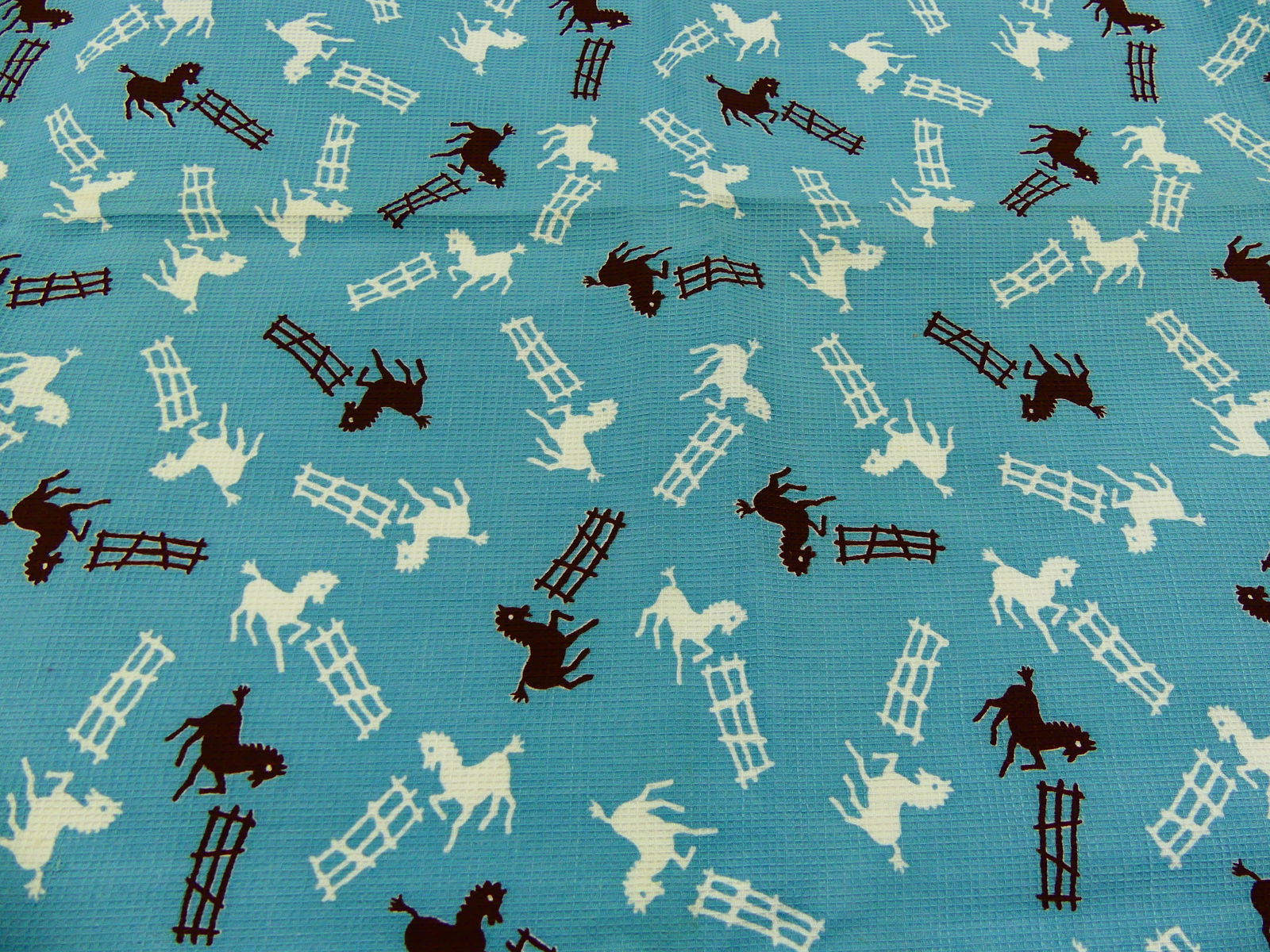 Vintage 1930-40's Blue Textured Cotton Horse Print Fabric: approx. 35" x 135", see photos