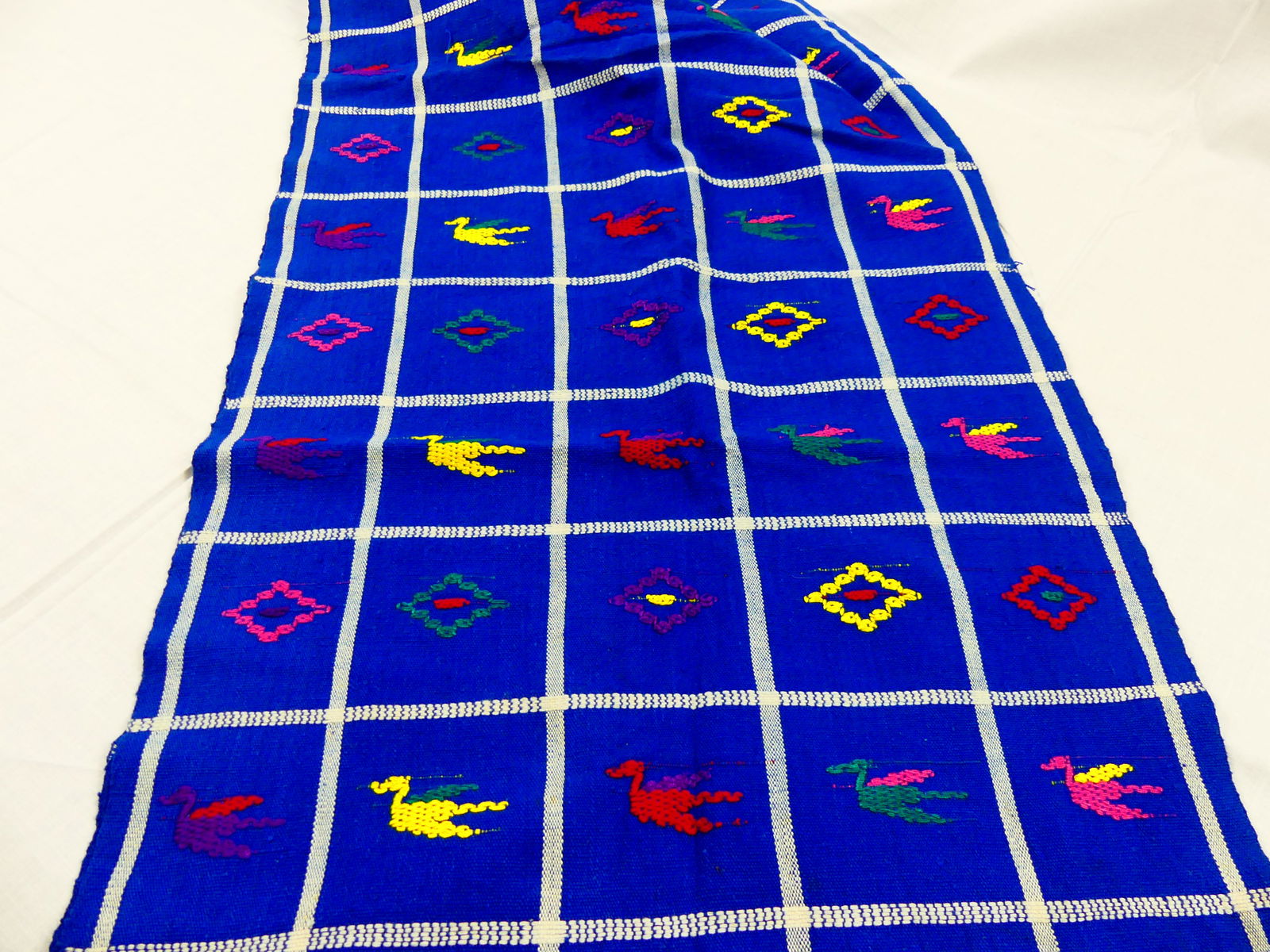 Vintage Blue Woven Table Runner w/ Embroidered Ducks: approx. 16" x 96", see photos
