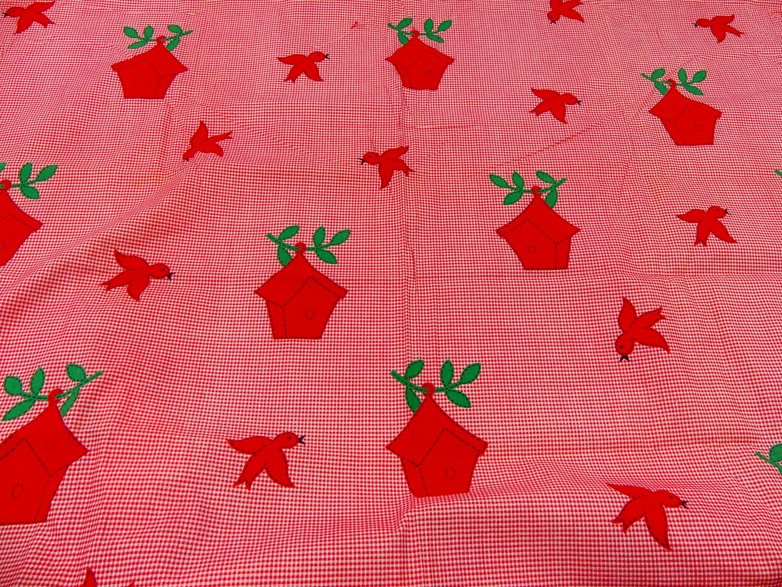 Vintage 1930-40's Red & White Bird & Bird House Print Cotton Fabric: approx. 35" x 3 yards, see photos