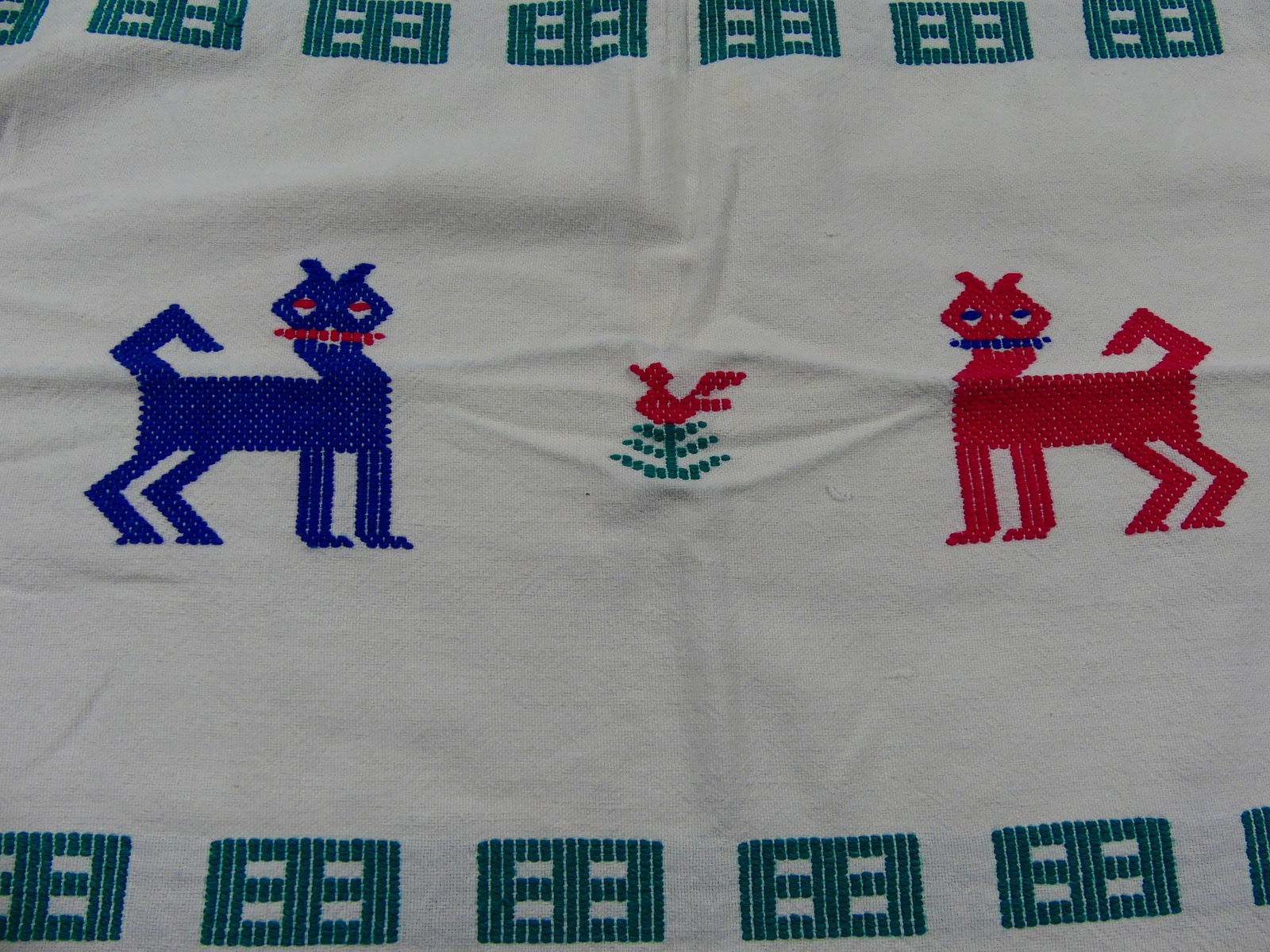 Vintage Woven Cotton Embroidered White Ethnic Tablecloth (1 of 3)