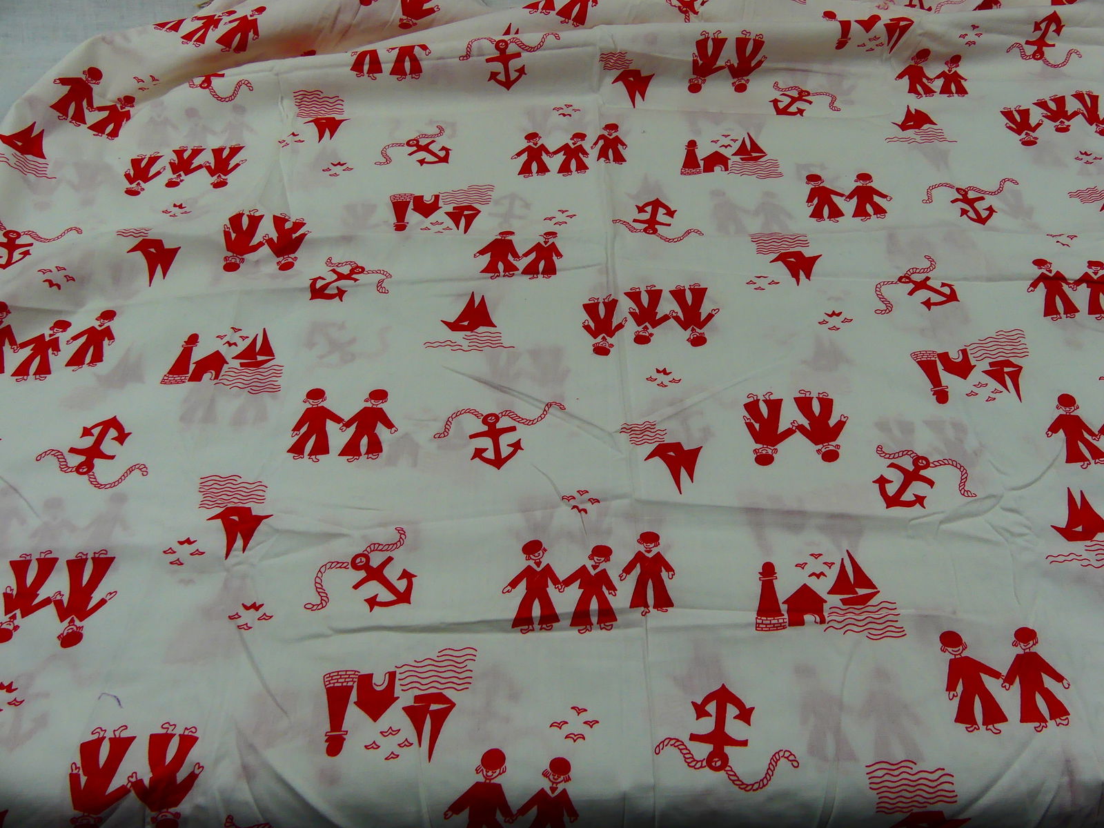 Vintage 1950-60's Red & White Sailor Print Cotton Fabric: approx. 43" x 74", see photos