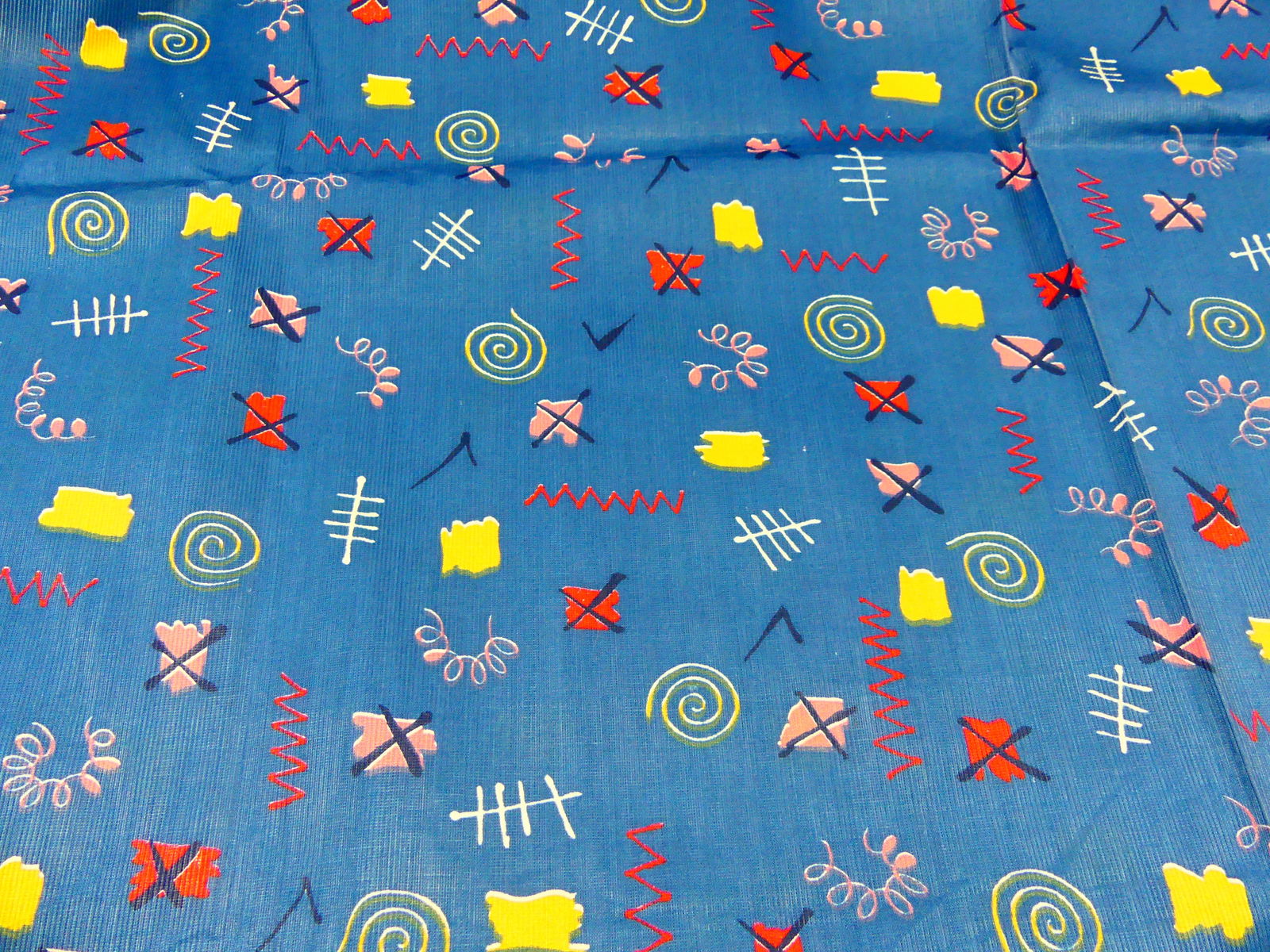 Vintage 1940-50's Blue Geometric Printed Textured Fabric: approx. 36" x 134", see photos