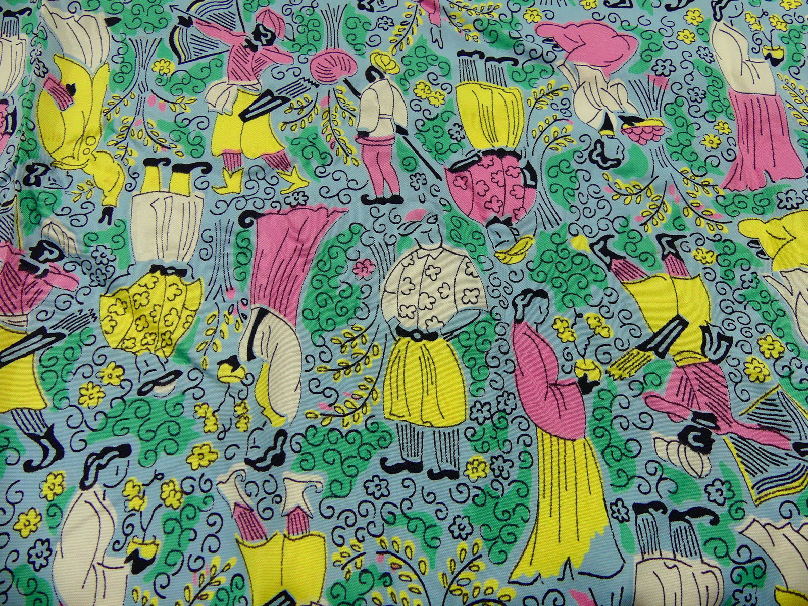 Vintage 1950-60's Novelty Print Rayon Fabric w/ People (1 of 3)
