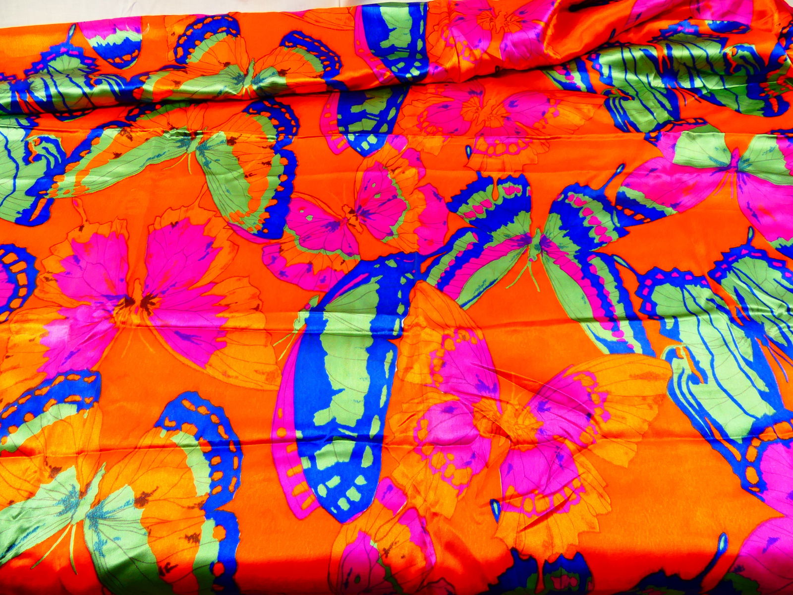 Vintage 1950-60's Bright Butterfly Print Silk Satin Fabric: approx. 44" x 105", see photos