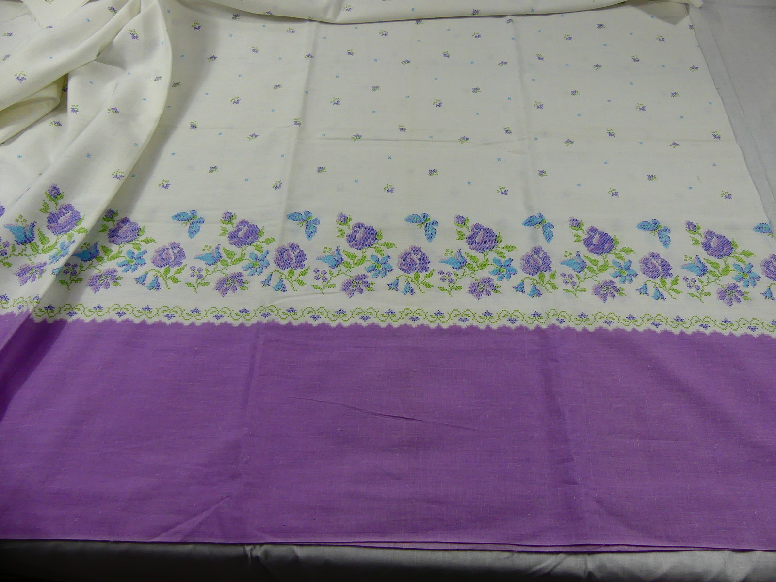 Vintage Cotton Linen Cross Stitch Floral Print Fabric w/ Purple Border (1 of 2)
