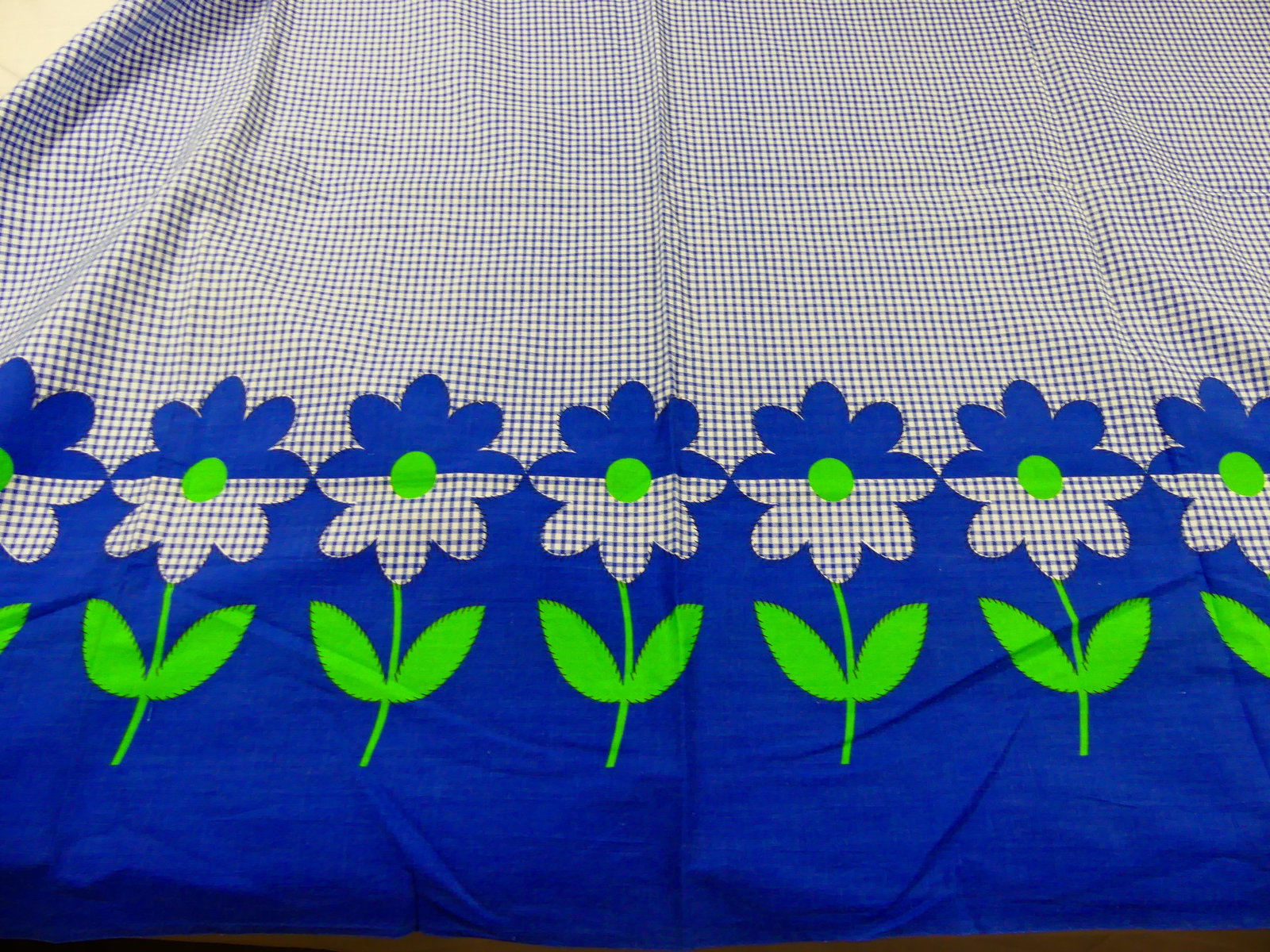Vintage Blue Gingham Cotton Linen Fabric w/ Blue Daisy Print Border: approx. 35" x 44", see photos