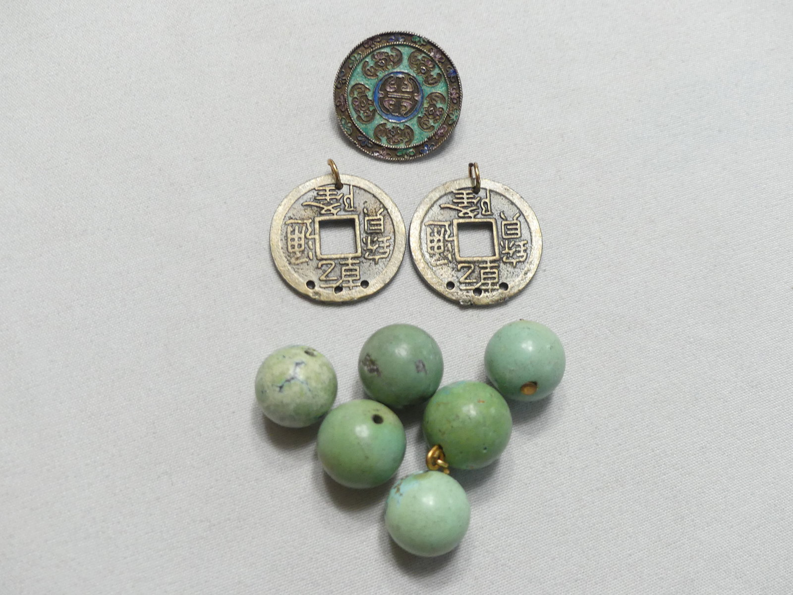Antique Chinese Clay Beads, Coins, Enamel Brooch: 6 beads, 2 coins, & brooch, see photos