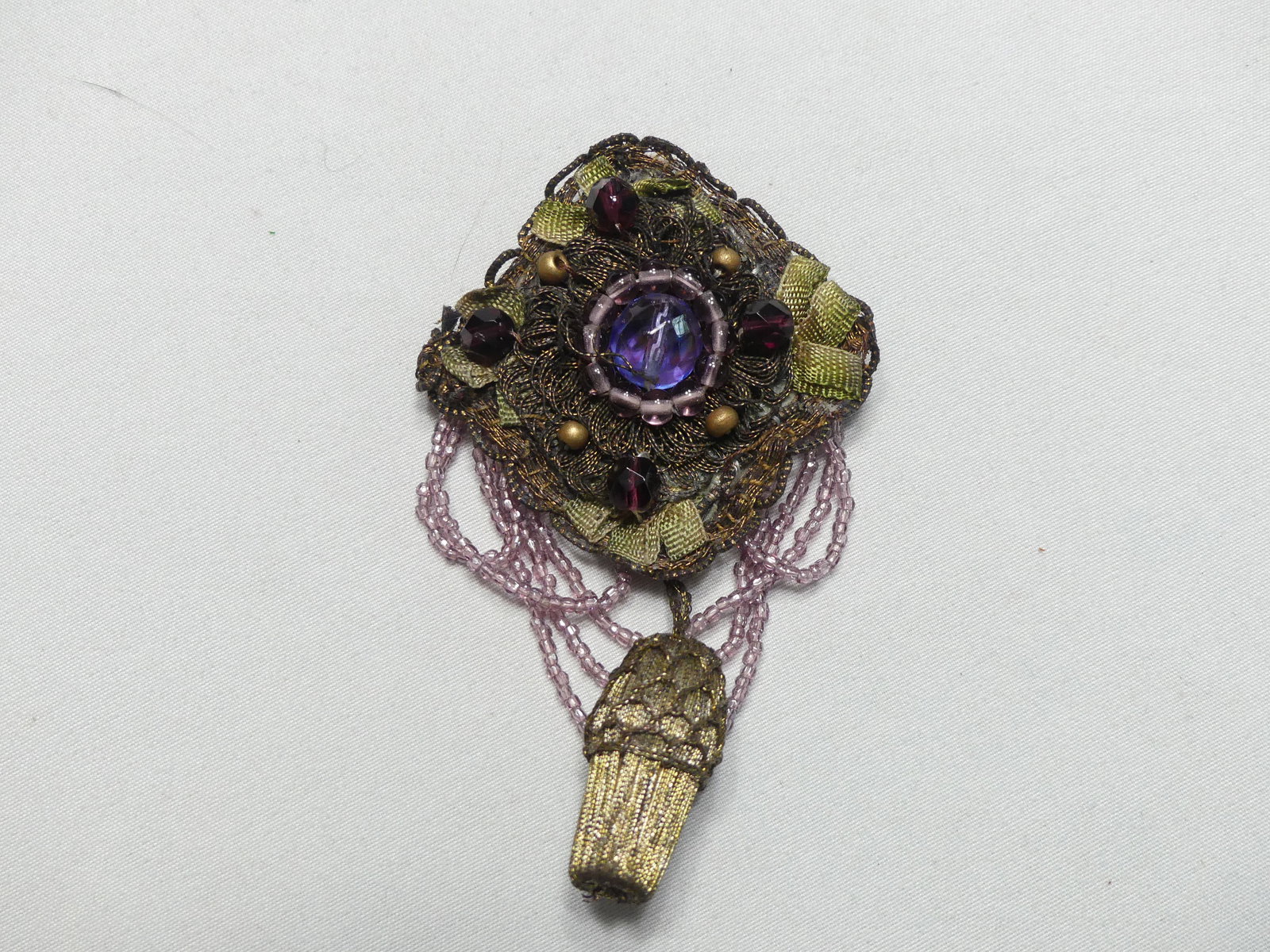 Artist Made Brooch with Antique Silk & Beads (1 of 4)