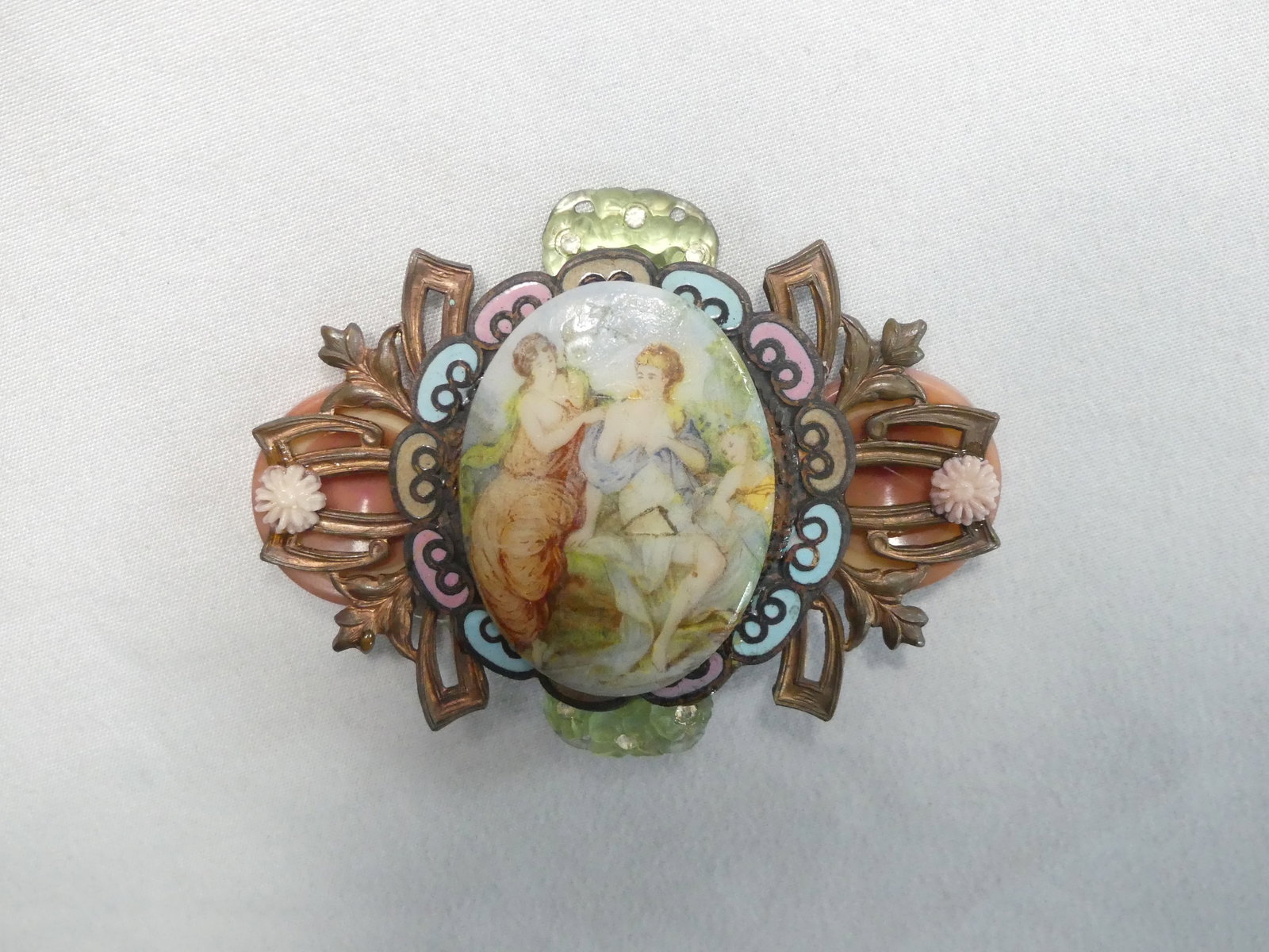 Large Vintage Artist Made Victorian Brooch: Porcelain center with enamel & buttons, approx. 3"