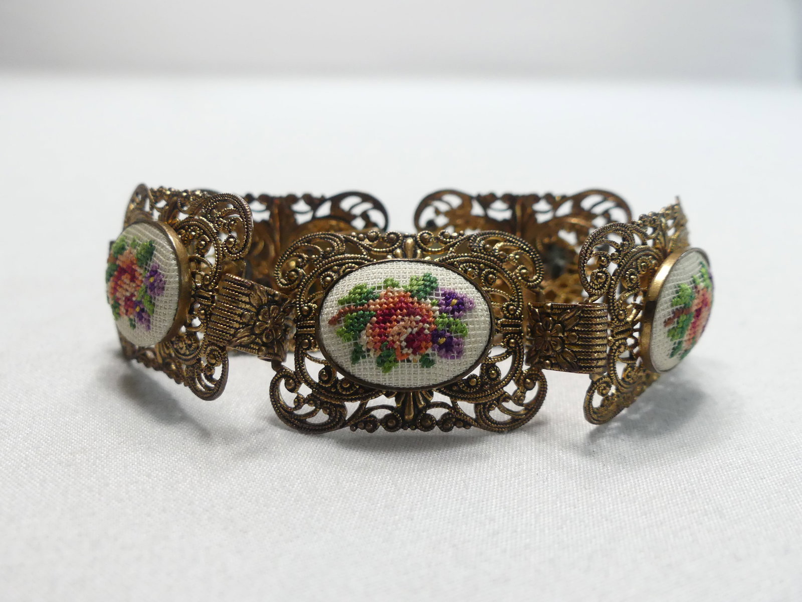 Vintage Gold Tone Link Fret & Petit Point Bracelet (1 of 5)