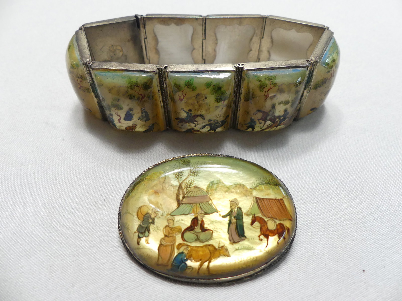 Antique Hand Painted Asian Tile Bracelet & Brooch: Bracelet approx. 7.25", brooch 1.25" x 1.75", markings on bracelet, see photos