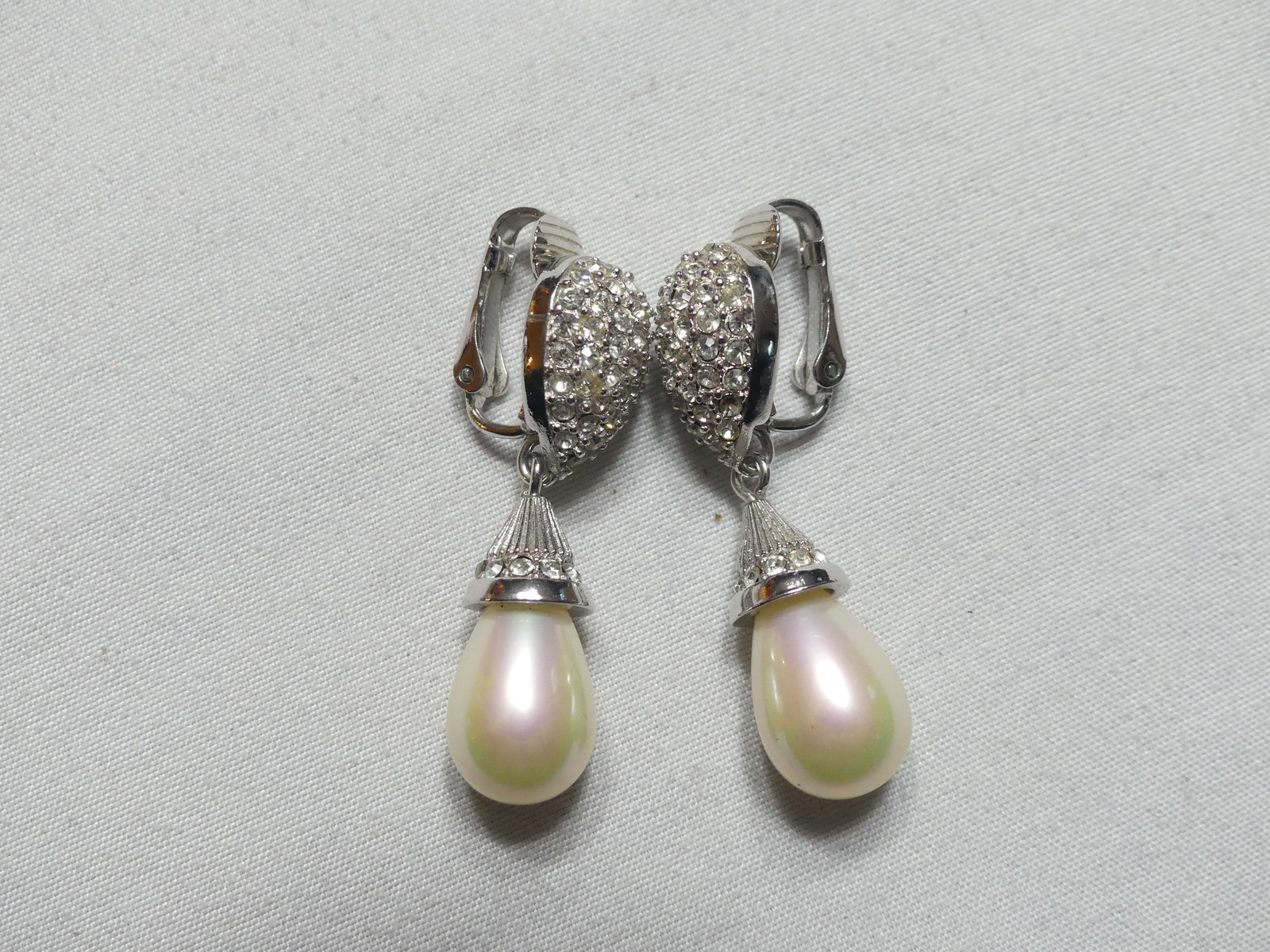 Vintage Dior Pearl Drop Earclips: Silver tone w/ rhinestones & faux pearl drops approx. 1.5" long