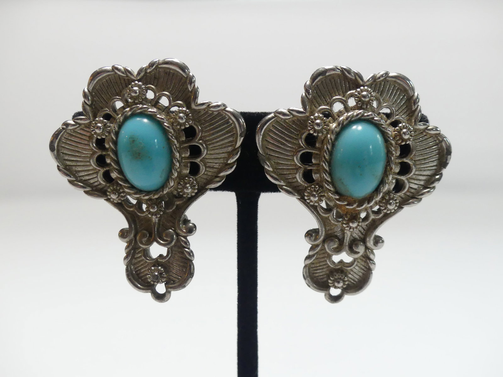 Vintage Barrera Faux Turquoise Earclips: approx. 1.25" x 1.75"