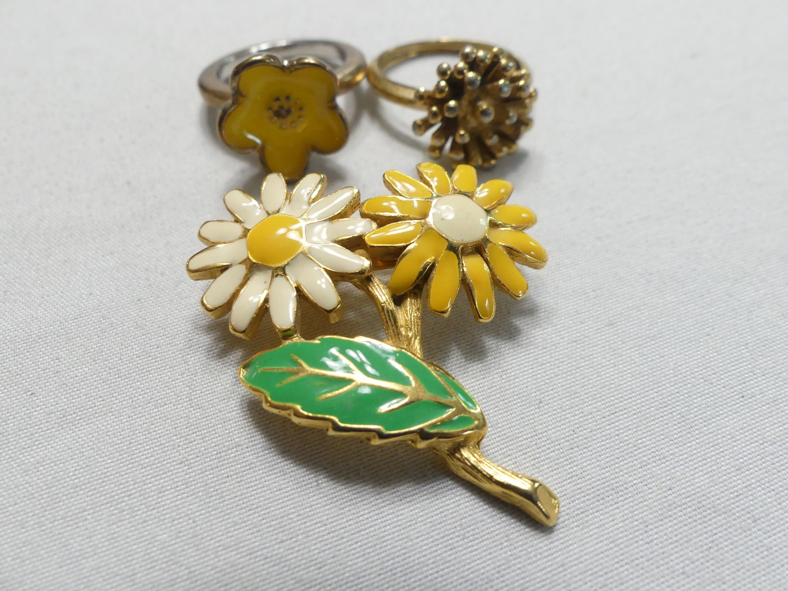 Vintage Enamel Brooch & Flower Rings: brooch 1.5" x 1.75", rings size 6.5