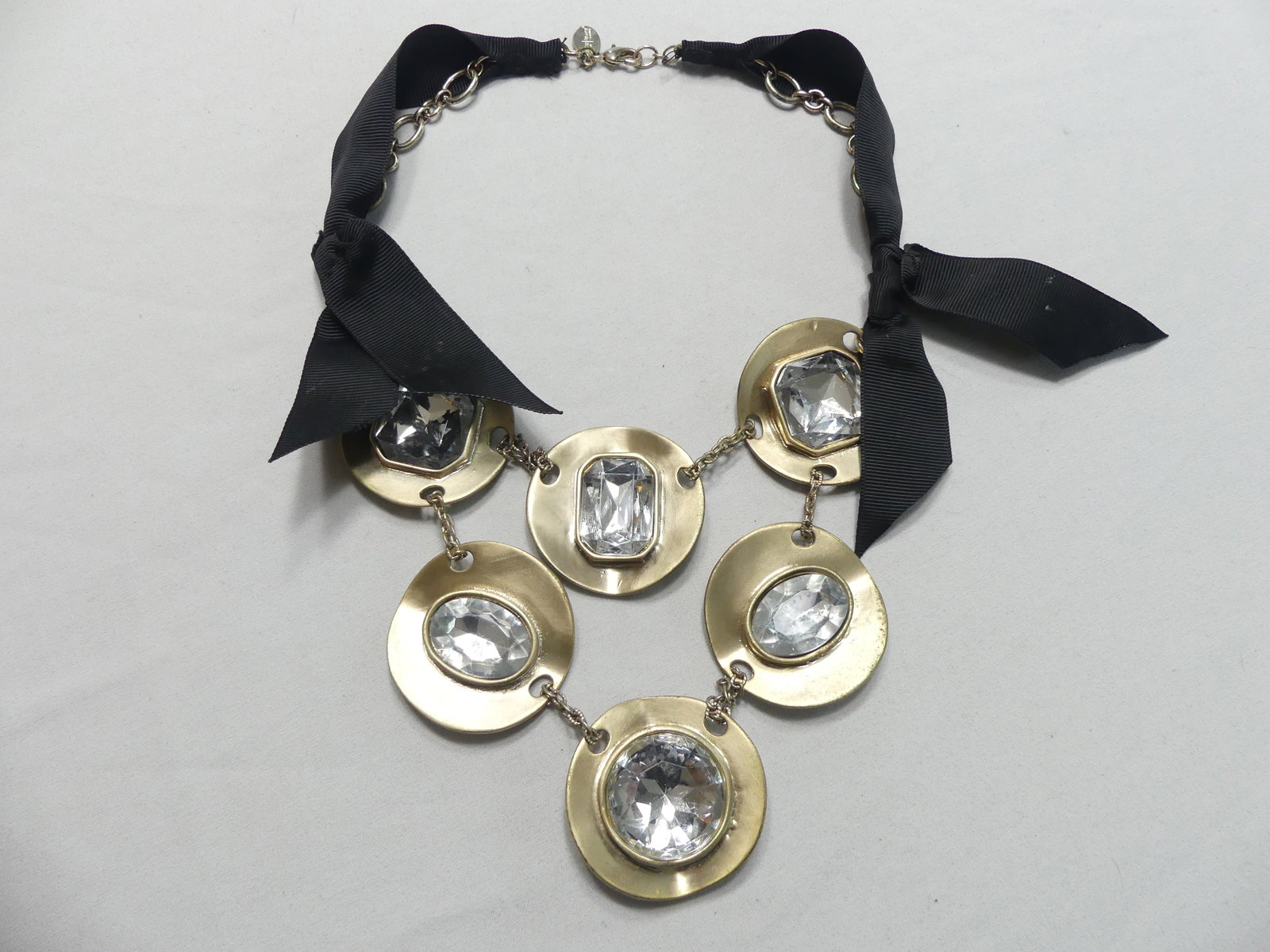 Signed Statement Necklace: Stamped "White House | Black Market" gold tone with faux golconda diamond rhinestones, approx.18"