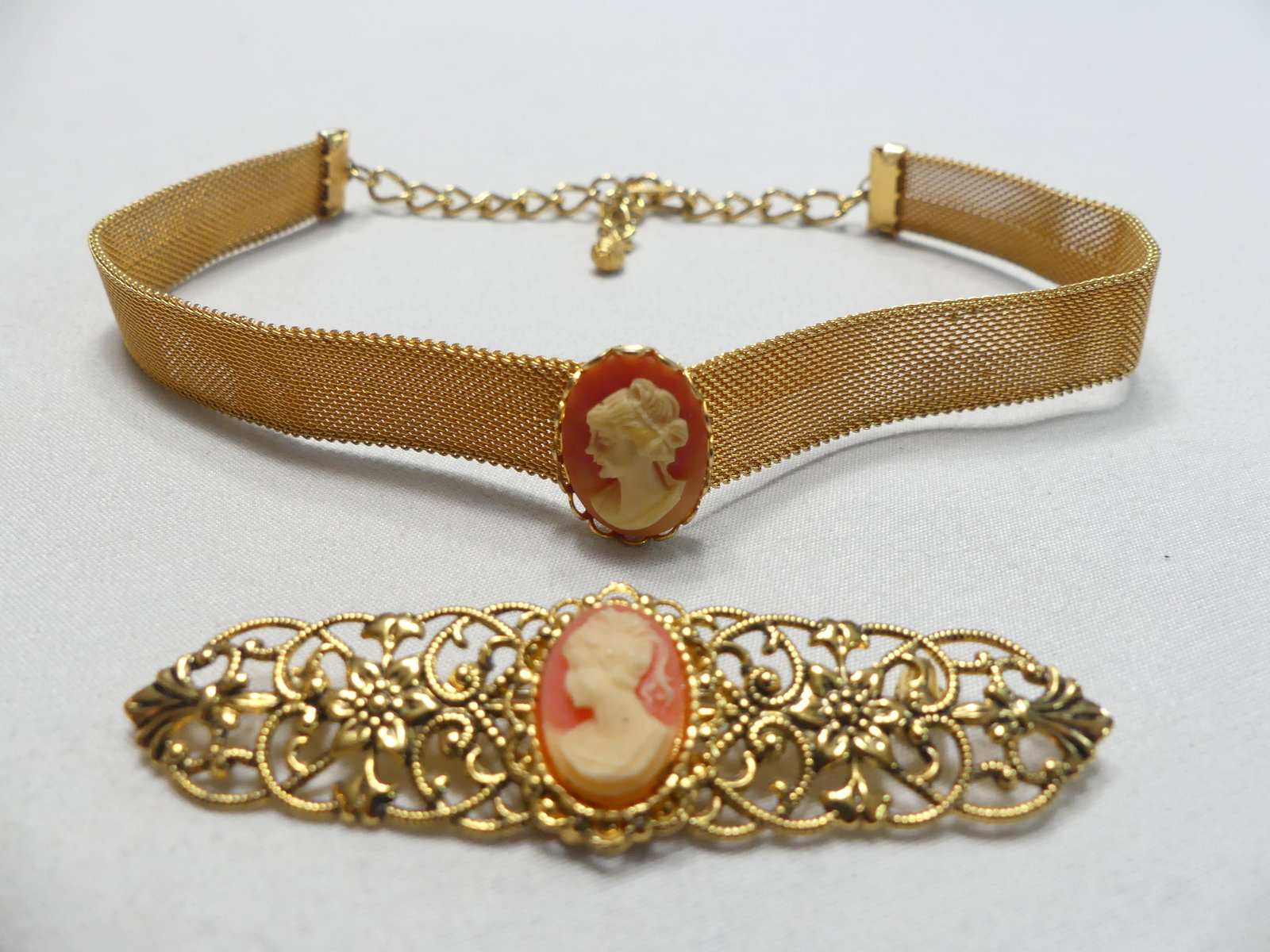 Vintage Faux Cameo Choker & Brooch: Both gold tone, choker 10-15", brooch, 1.75"x 0.75"