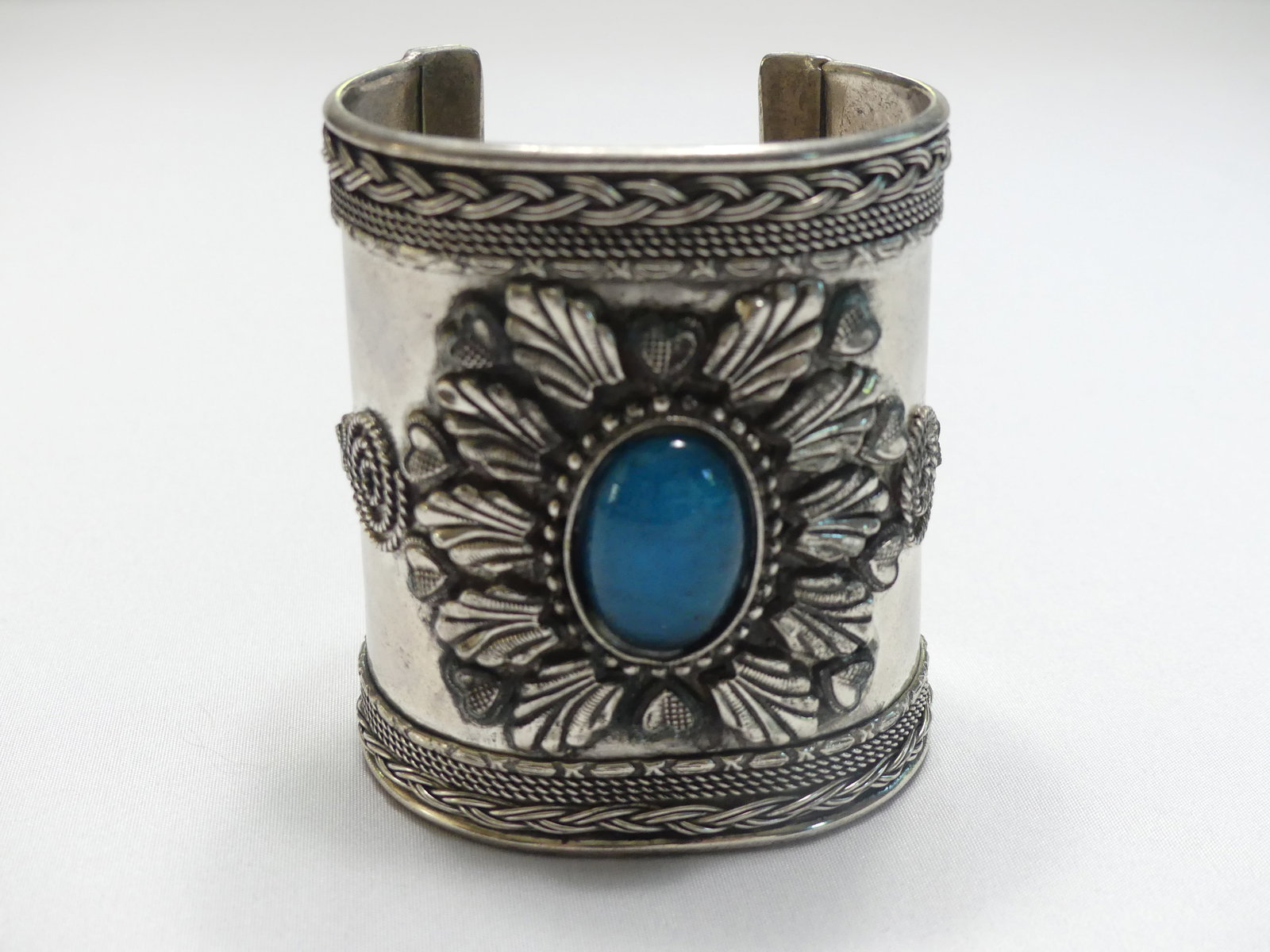 Silver Tone Cuff Bracelet With Blue Glass Cabochon: approx. 3" wide, some tarnish & residue, see photos