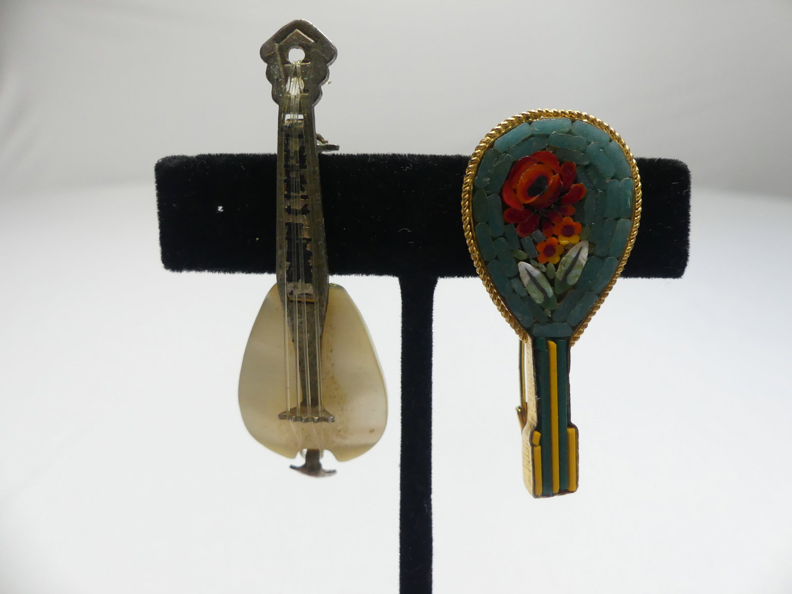 Vintage Micro Mosaic & Mother of Pearl Lute Brooches: approx. 1.75"- 2" long, 1 stamped "Italy" see photos