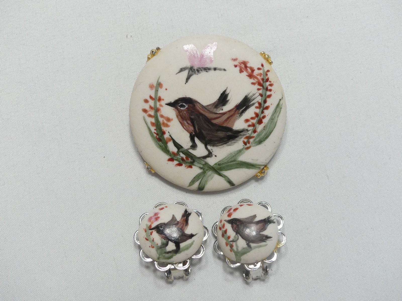 Vintage Hand Painted Brooch & Earclips (1 of 14)