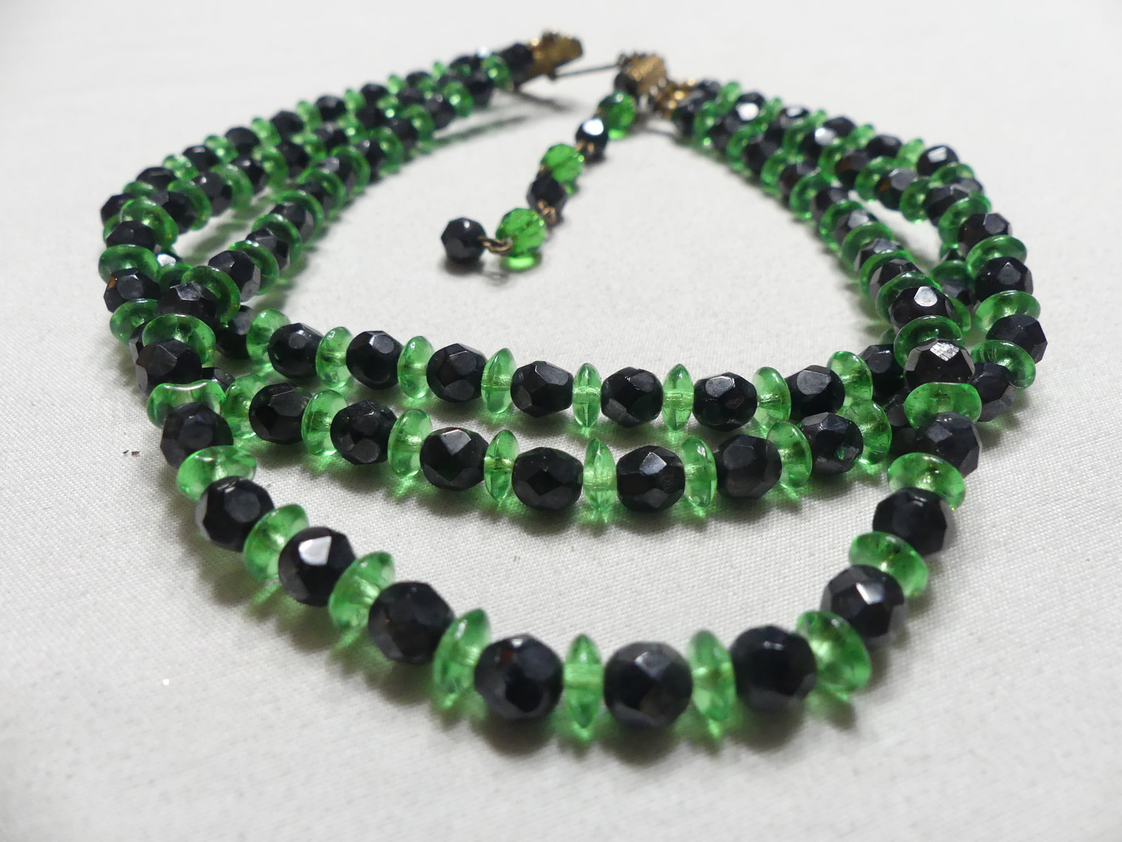 Antique 3 Strand Cut Black & Green Glass Necklace: approx. 13-15" long