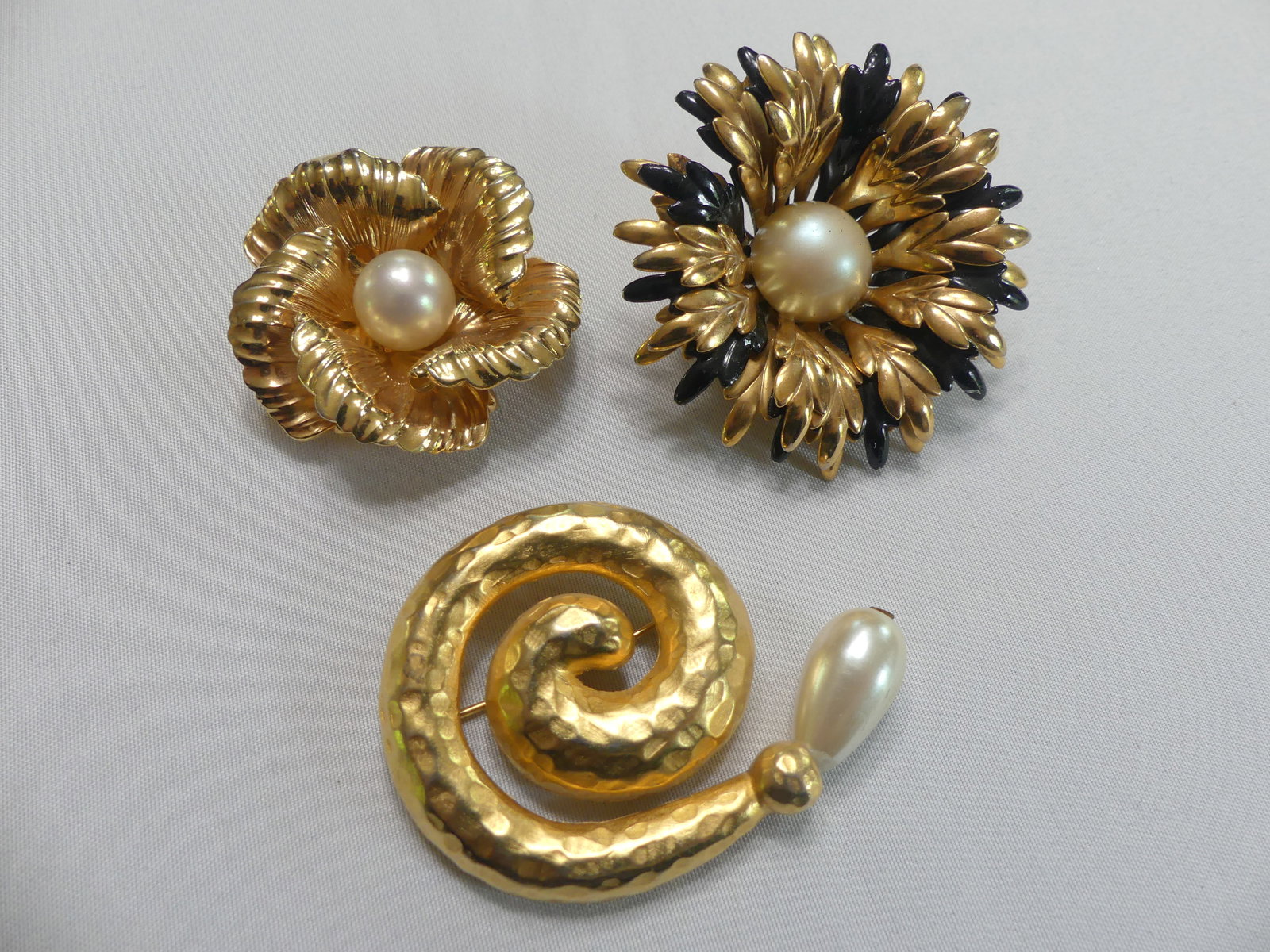 Three Vintage Gold Tone & Faux Pearl Brooches: All 1.5"-2", 1 stamped "1964 Crosse Germany"