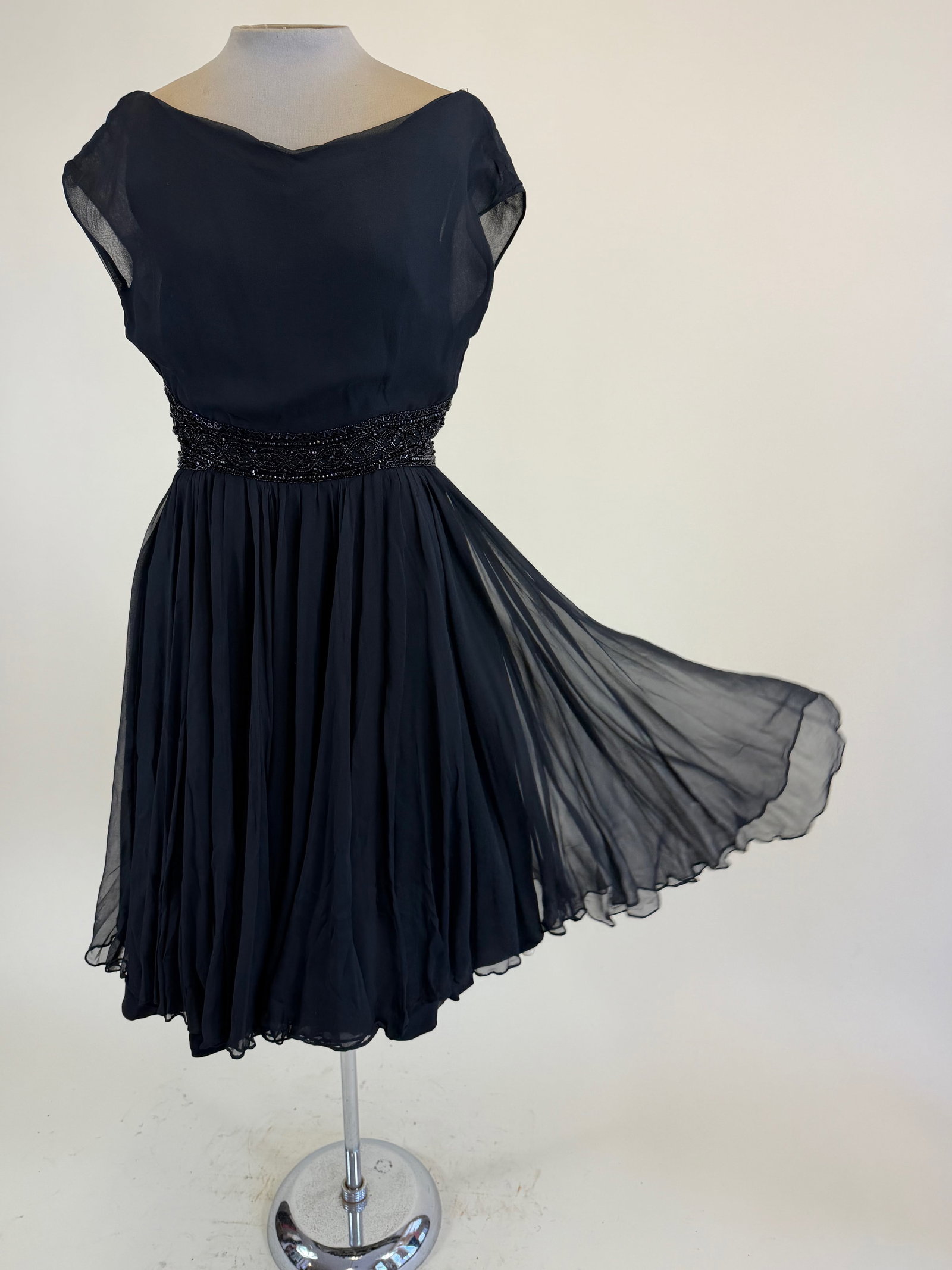 Vintage 1950s Rosalie Macrini Silk Chiffon Party Dress: B 36", W 27", one 0.5" tear in chiffon, see photos