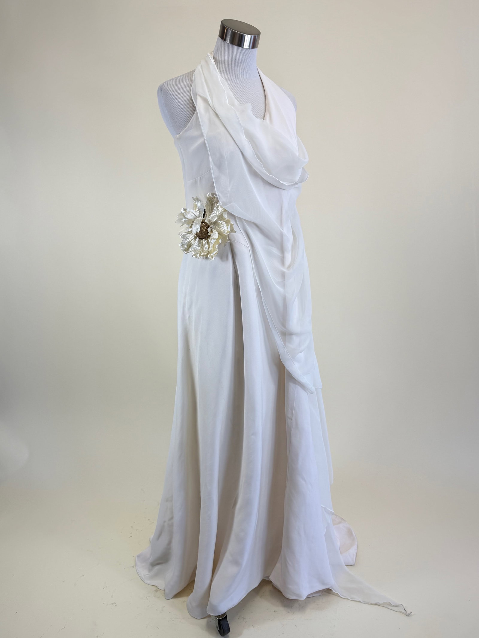 Y2K Silk Crepe & Chiffon Halter Gown: B 34", W 28", broad light staining, see photos