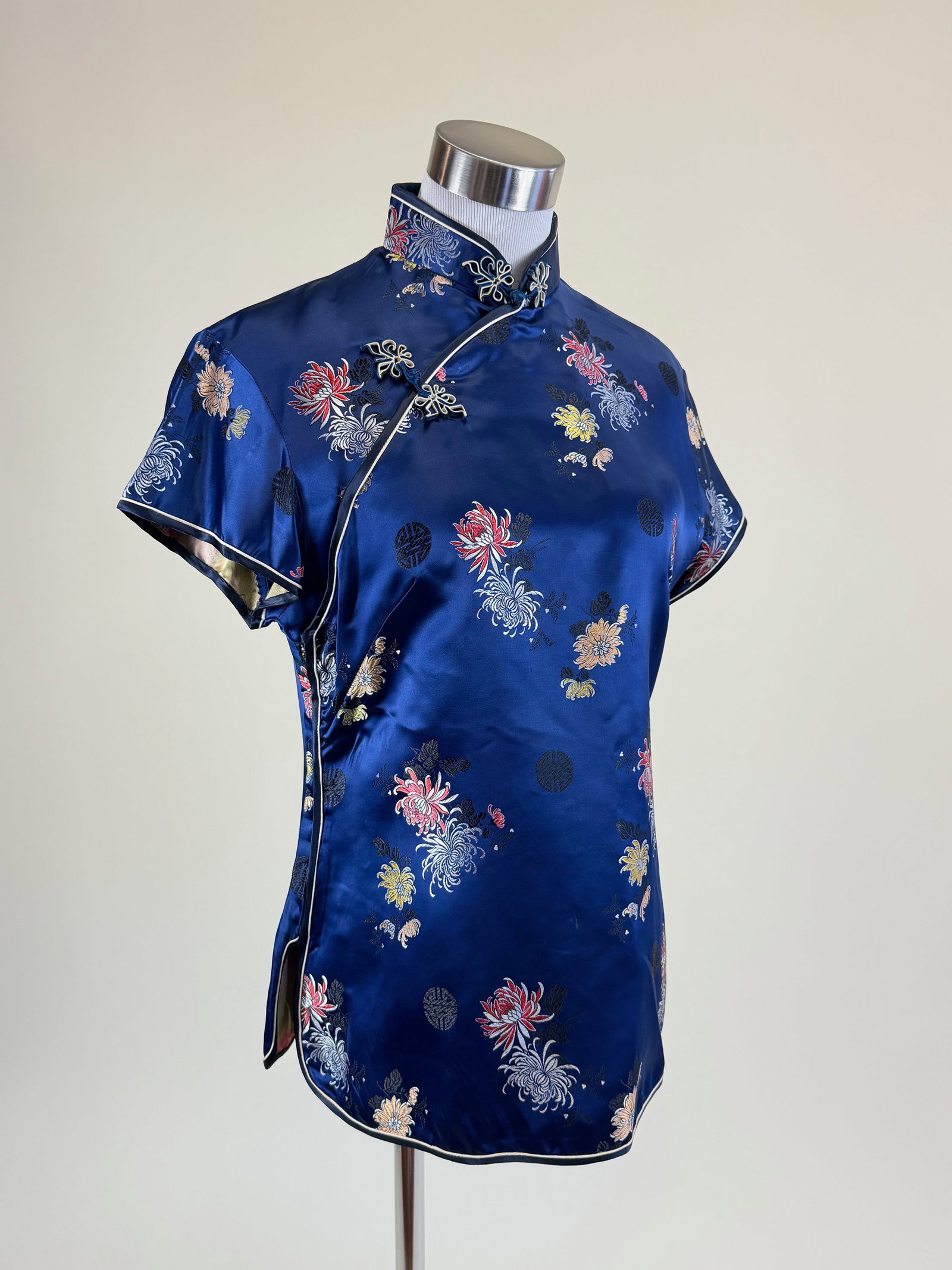Patterned Silk Cheongsam Blouse: B 38", W 36", see photos