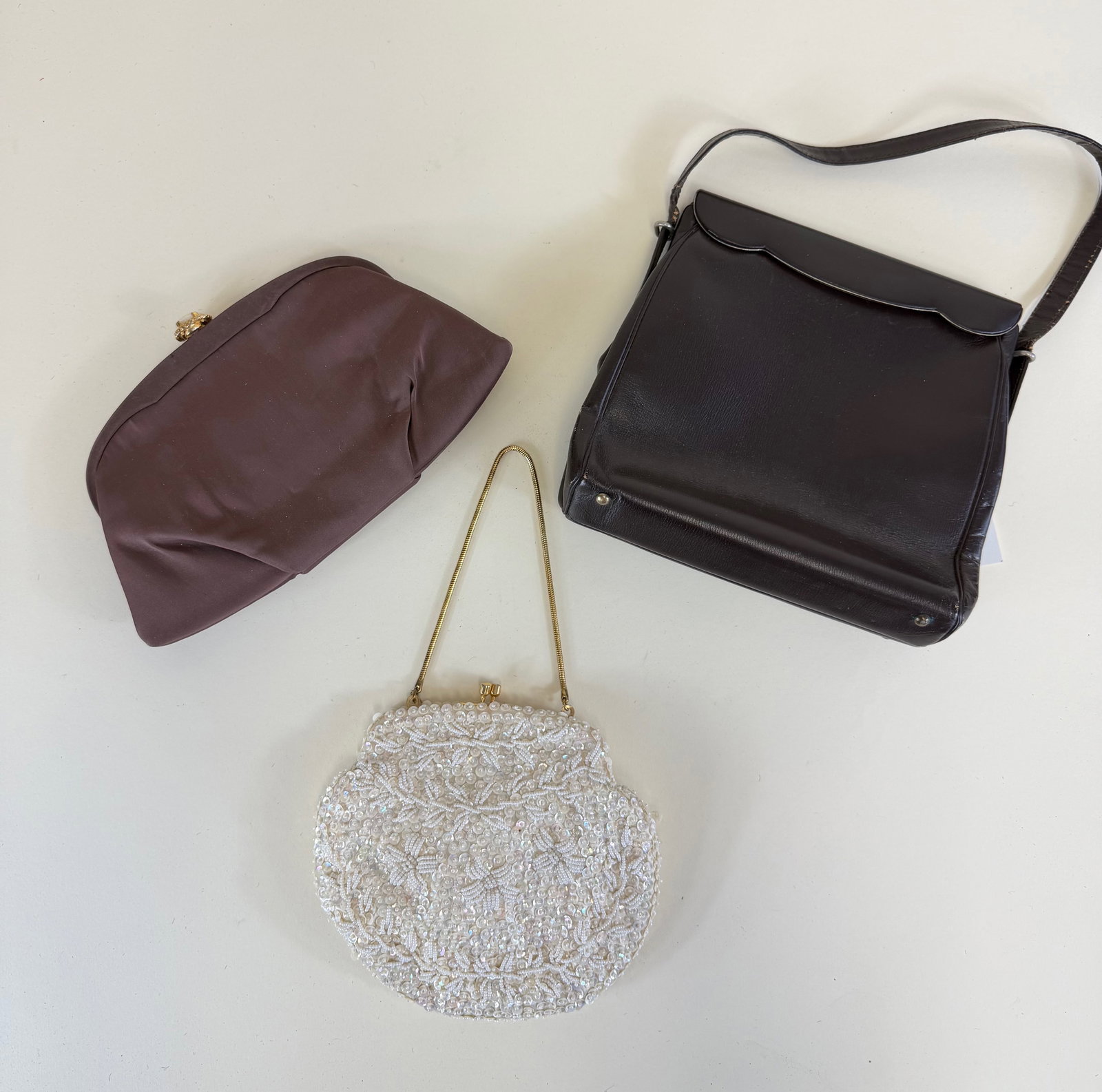 Lot of Three 1950s-1960s Purses & Clutch: Some wear to leather strap, see photos