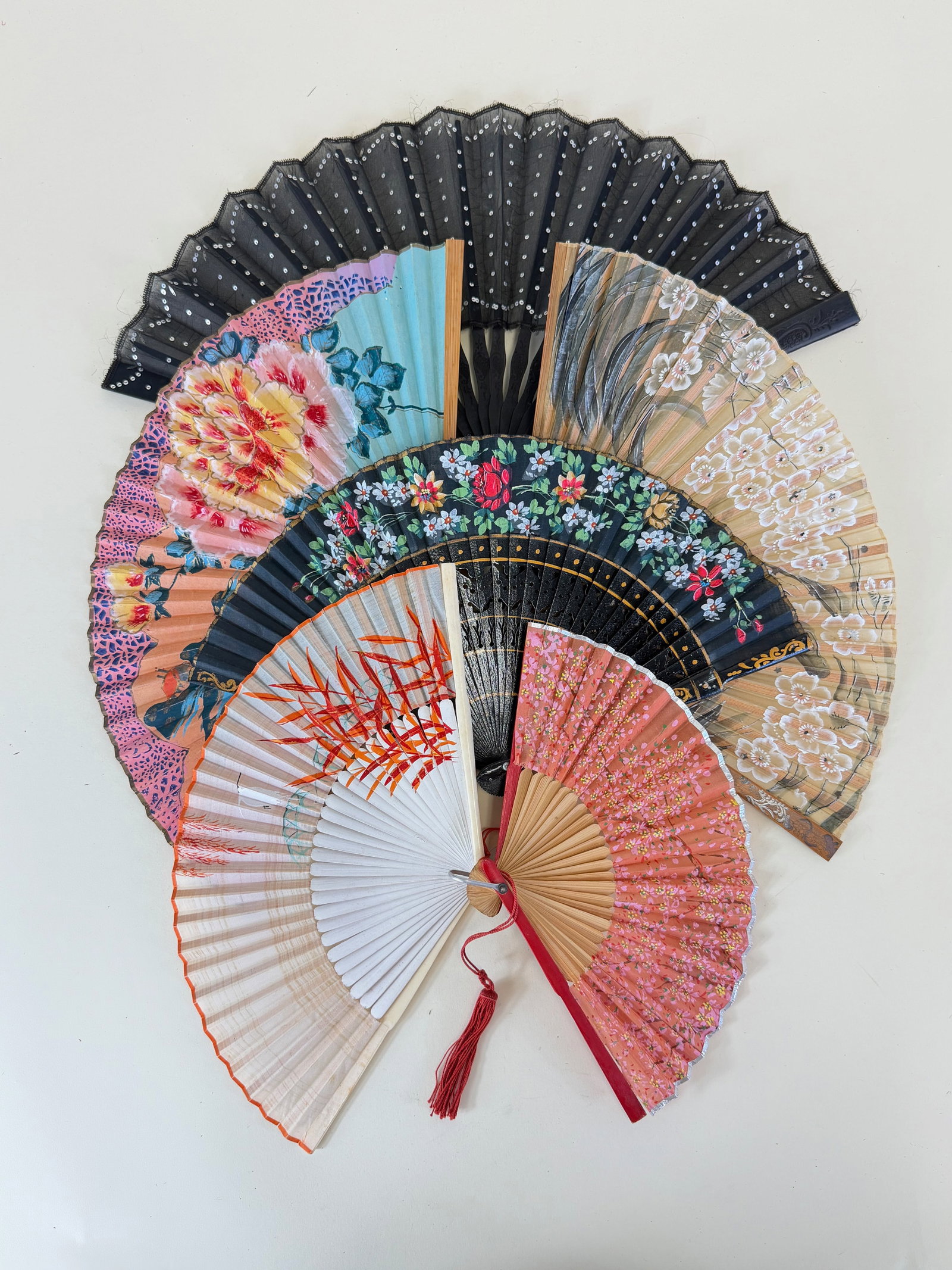 Six Vintage 1930s-1970s Fans, Black Sequined Possibly Victorian (1 of 10)