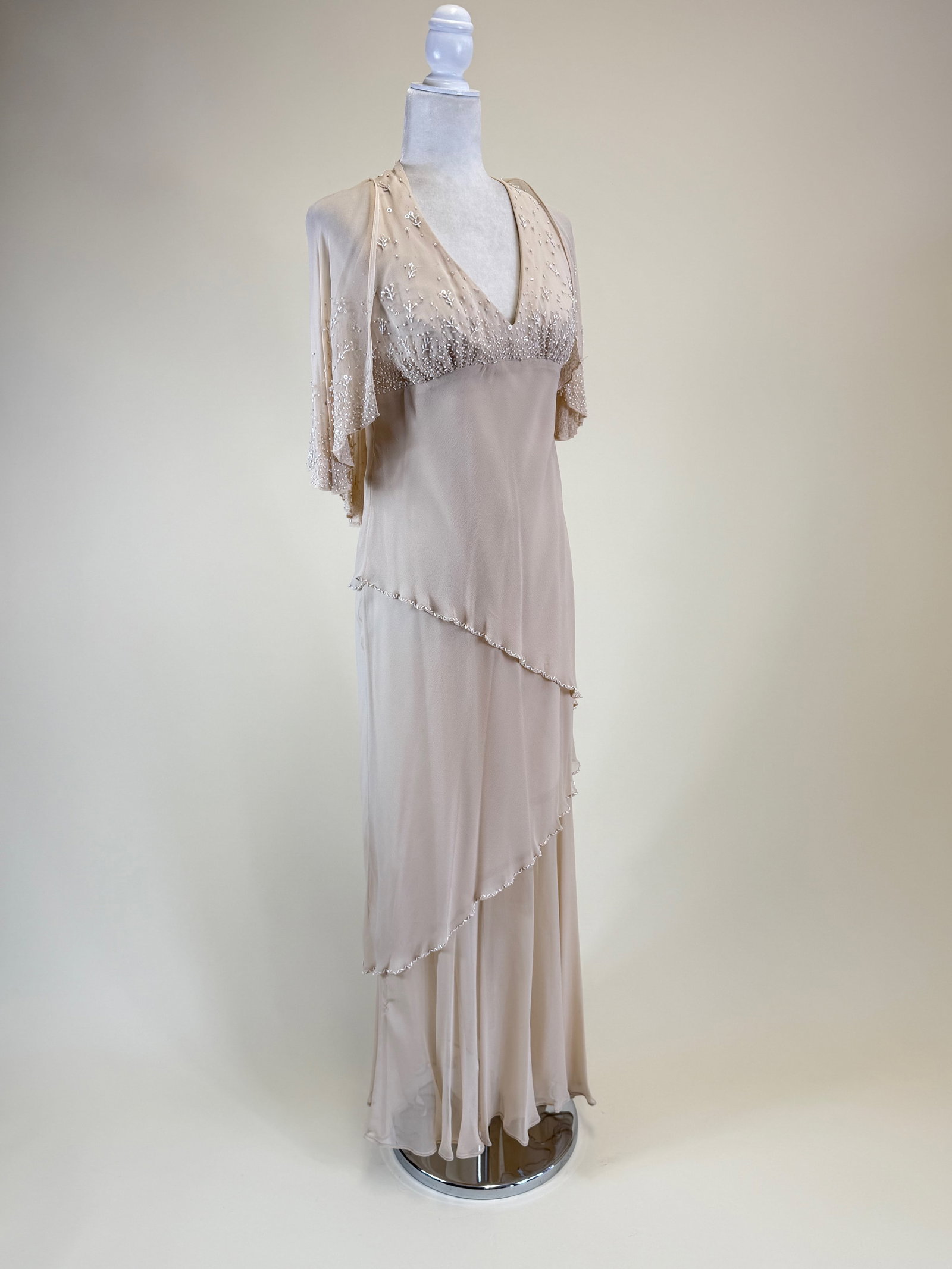 Beaded Silk Crepe Chiffon Party Dress: B 33", W 29", minor bead loss, see photos