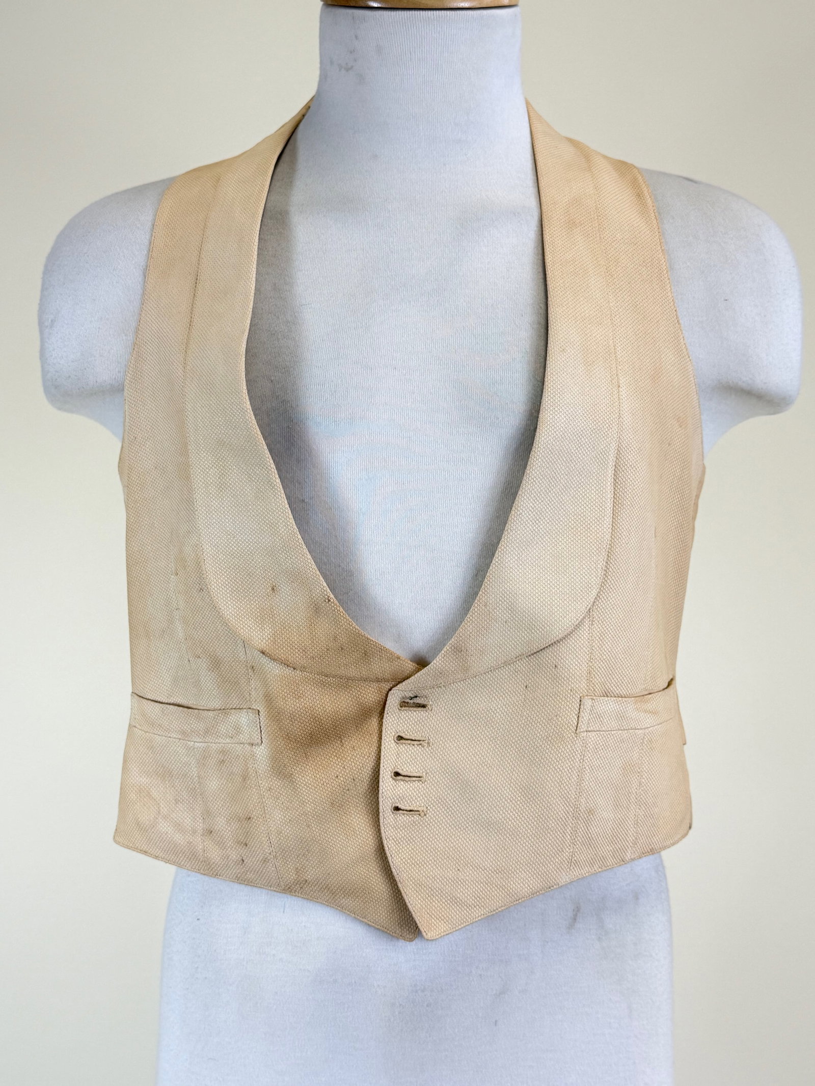 Antique Man's Tuxedo Waistcoat: W 32", broad staining/discoloration, removable buttons not included, see photos