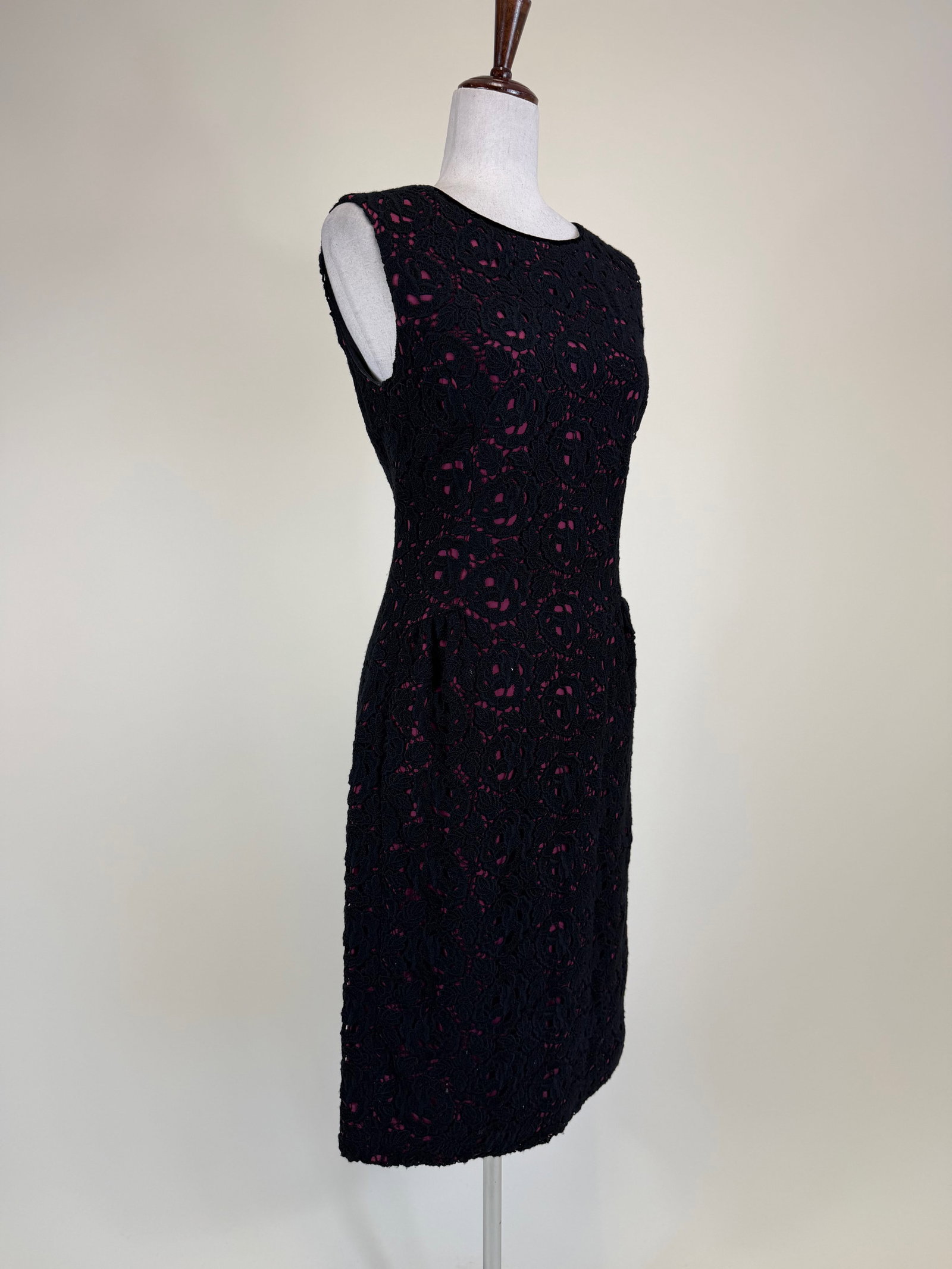 Piazza Sempione Black Chemical Lace & Rose Silk Cocktail Dress: B 35", W 28", good condition, see photos