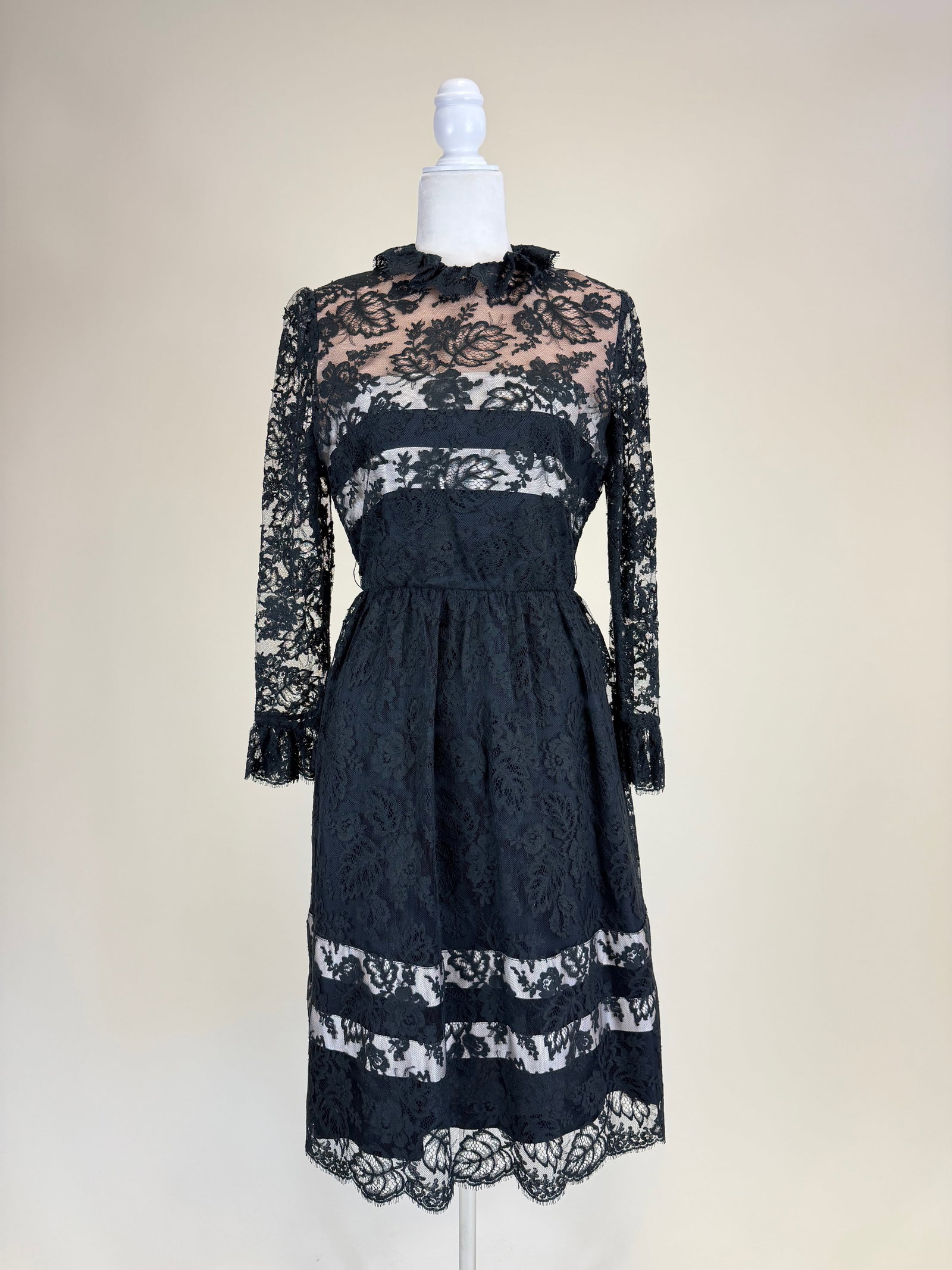 Vintage 1970s Couture Richilene Black Lace Party Dress: B 36", W 28", some holes in lace, see photos