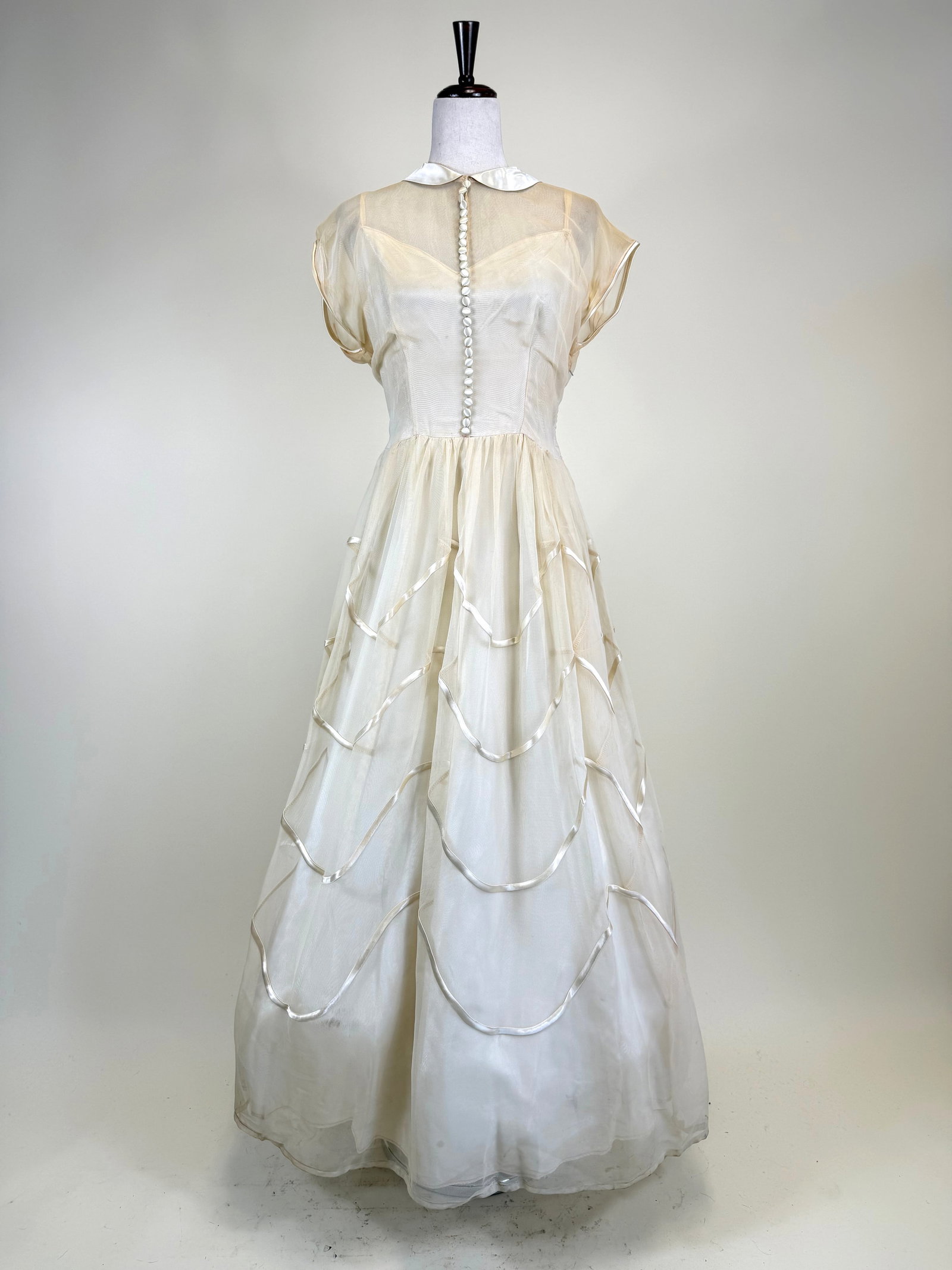 Vintage Early 1940s Satin & Marquisette Evening Gown: B 40", W 33", staining/holes around hem, stained underarms, see photos