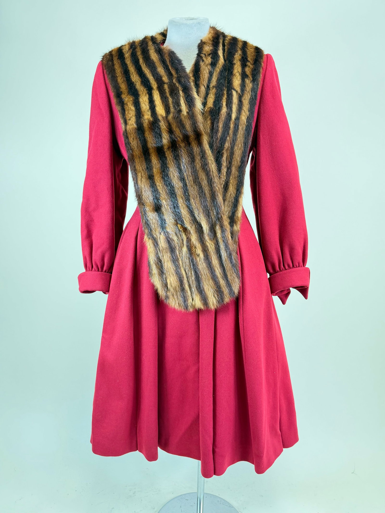 Vintage 1940s Crimson Wool Twill & Fur Coat (1 of 10)