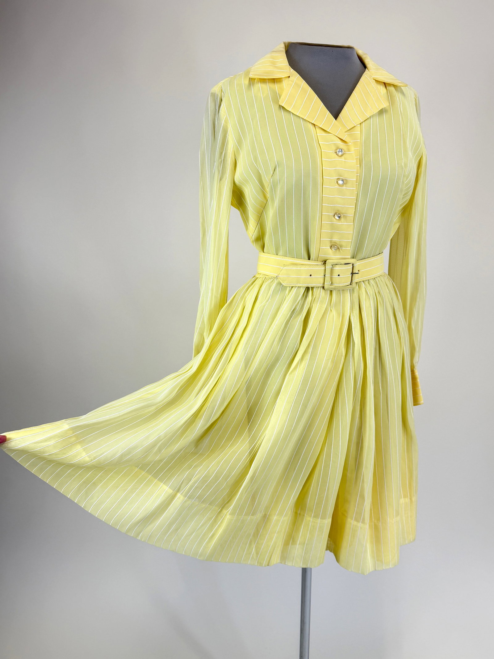 VINTAGE 1970s PINSTRIPE AFTERNOON DRESS: w/ original belt, B 36", W 28", some warping to belt but great condition, see photos