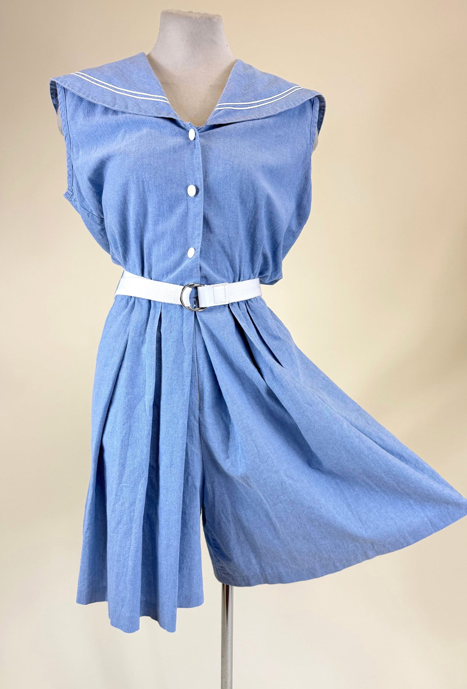 VINTAGE 1980s NAUTICAL COTTON ROMPER: Belt included, B 38", W up to 30", good condition