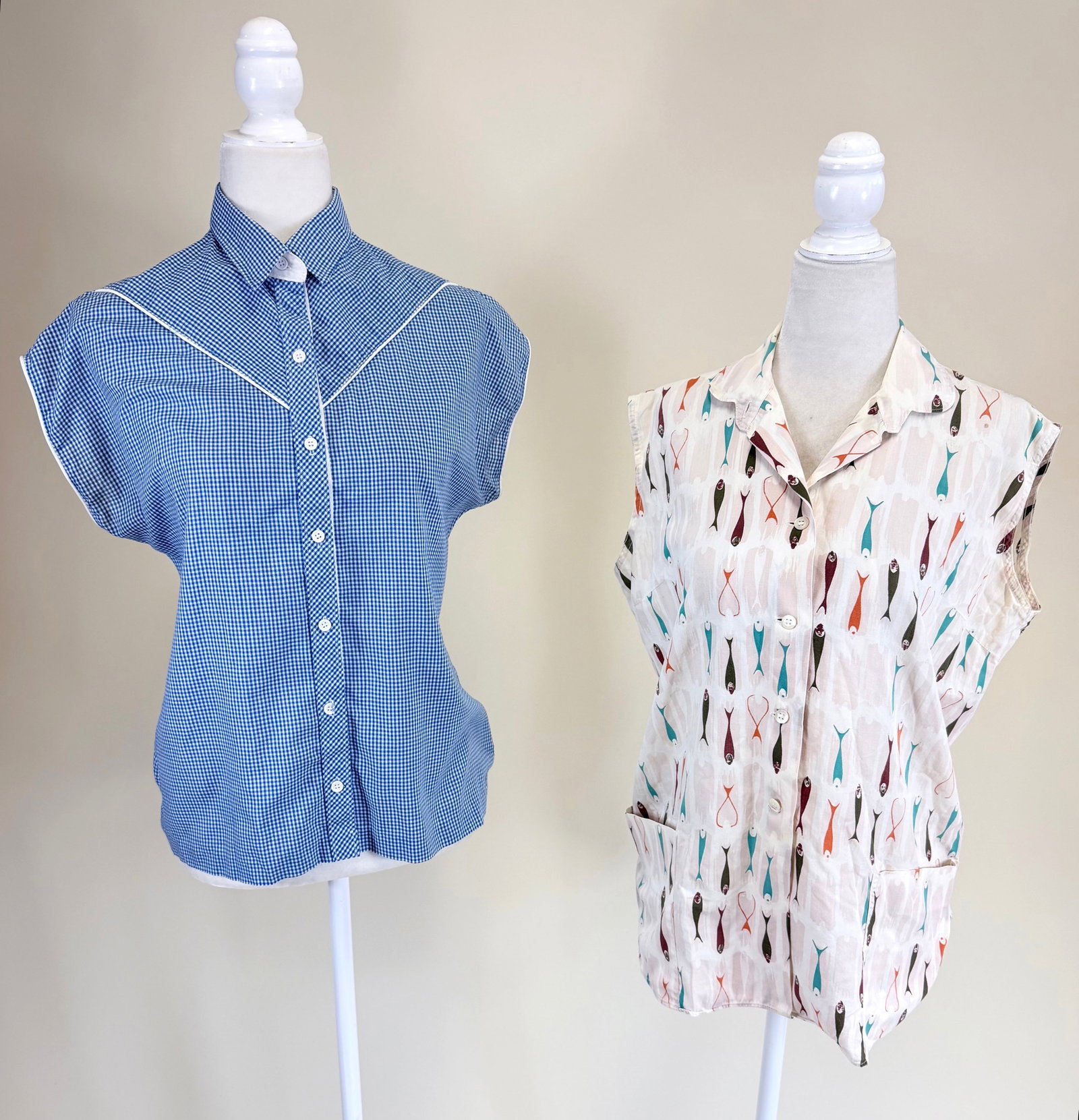 TWO VINTAGE COTTON SLEEVELESS BUTTON-UPS: Fish lure print B/W 40", western style B 38", W 34", good condition