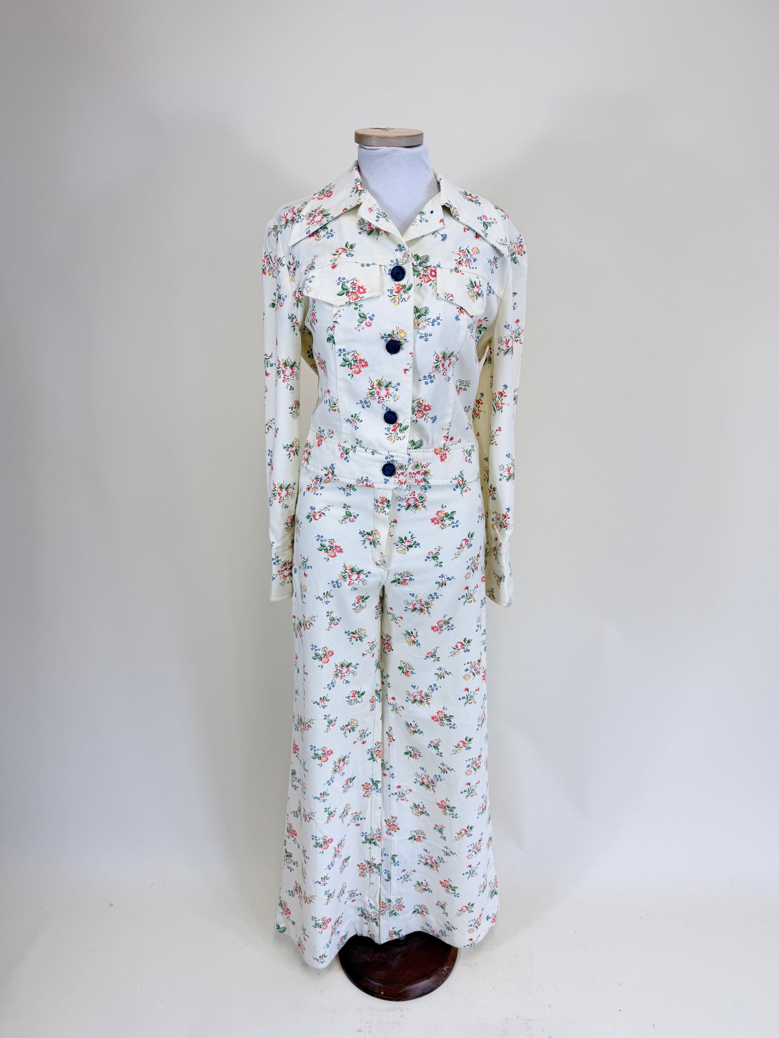 VINTAGE 1970s PRINTED COTTON TWILL 2-PIECE SET: B 34", W 28", pant W 24", great condition