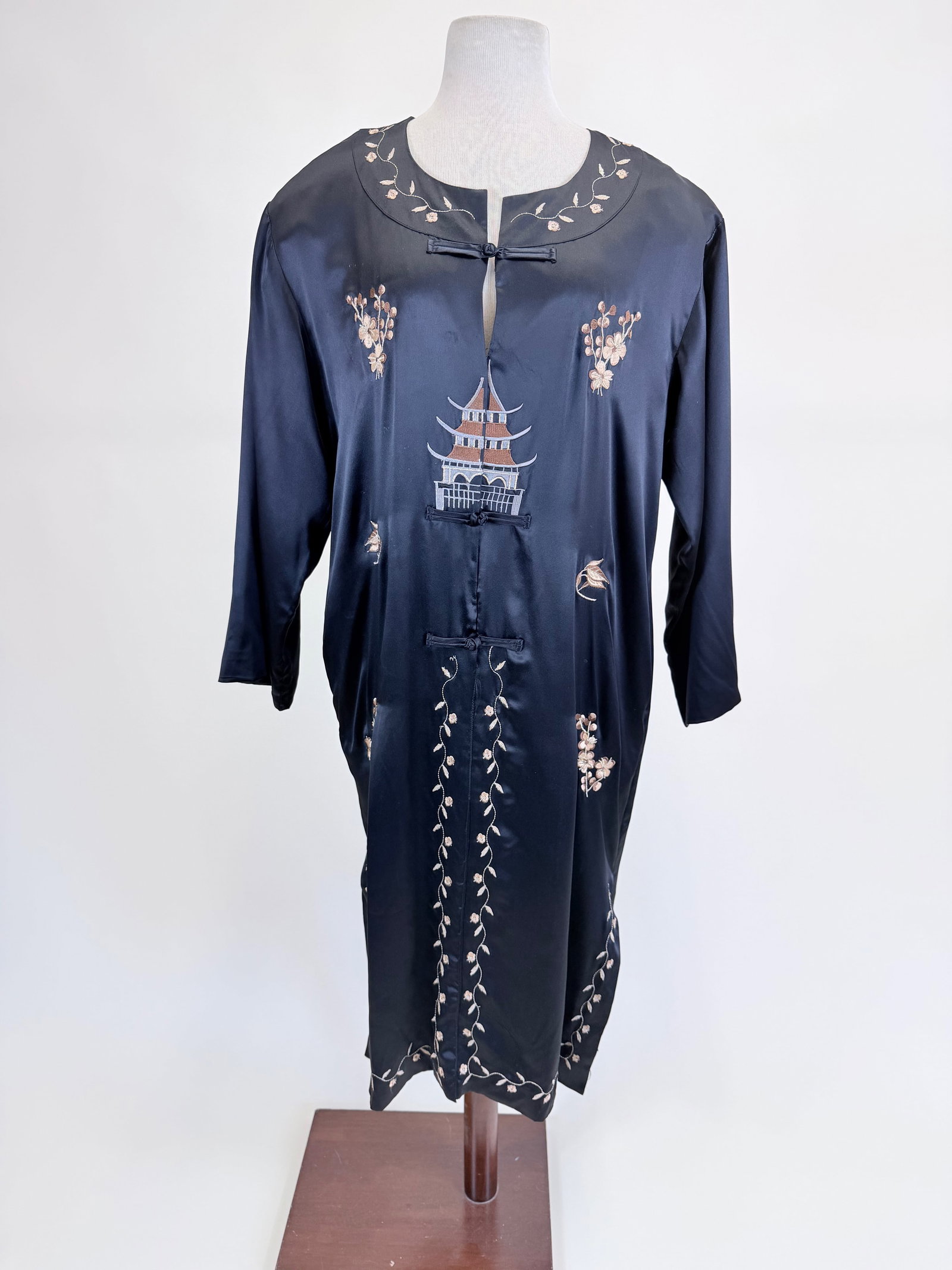 VINTAGE EMBROIDERED SILK SATIN EXPORT ROBE: Modified into dress, scuffing, see photos