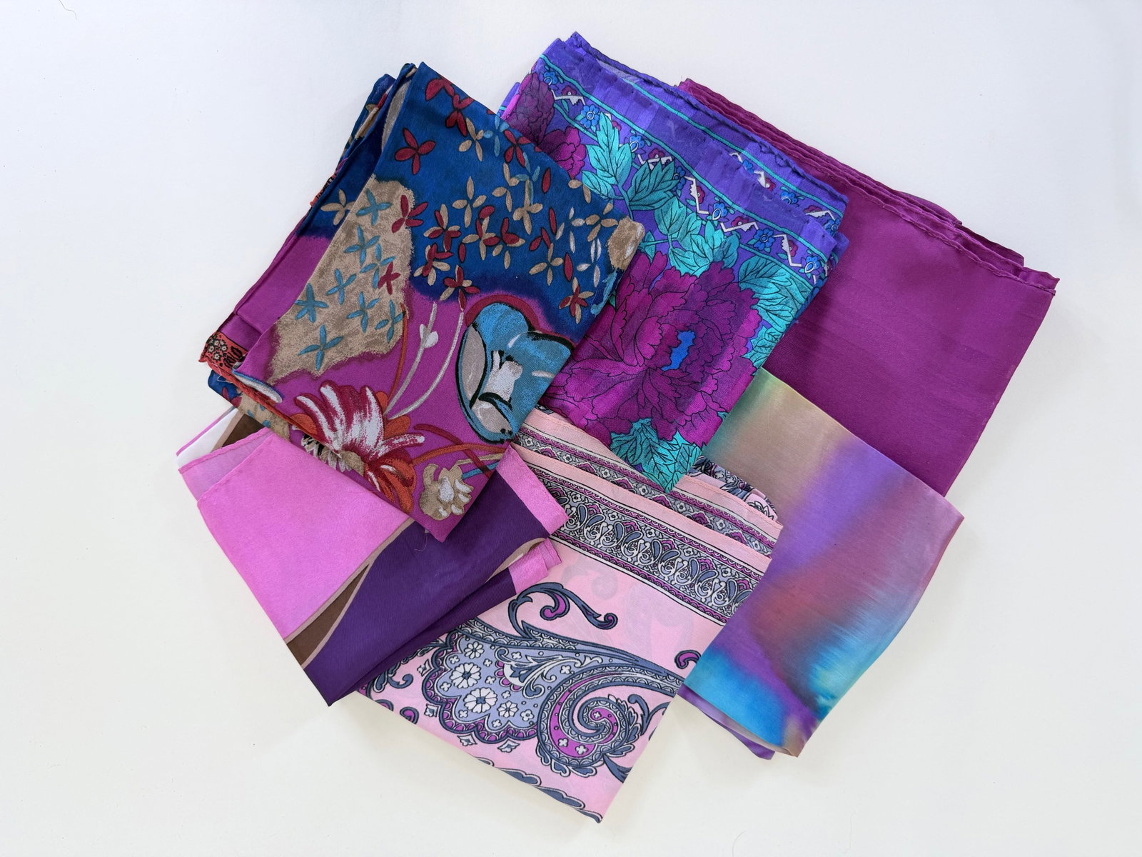 SIX SILK SCARVES: Including hand & screen printed, see photos