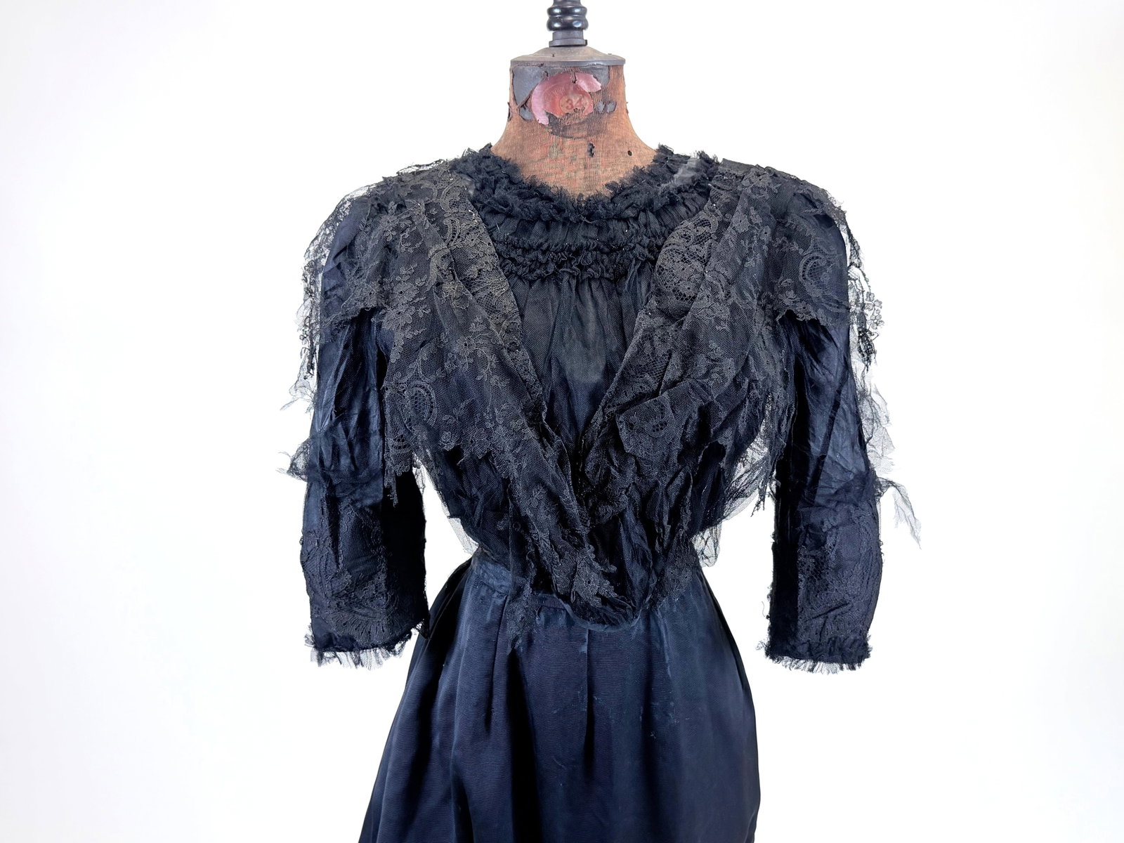 ANTIQUE c. 1900 BLACK SILK & LACE BODICE: B 32", W 24", lace w/ tears throughout, see photos