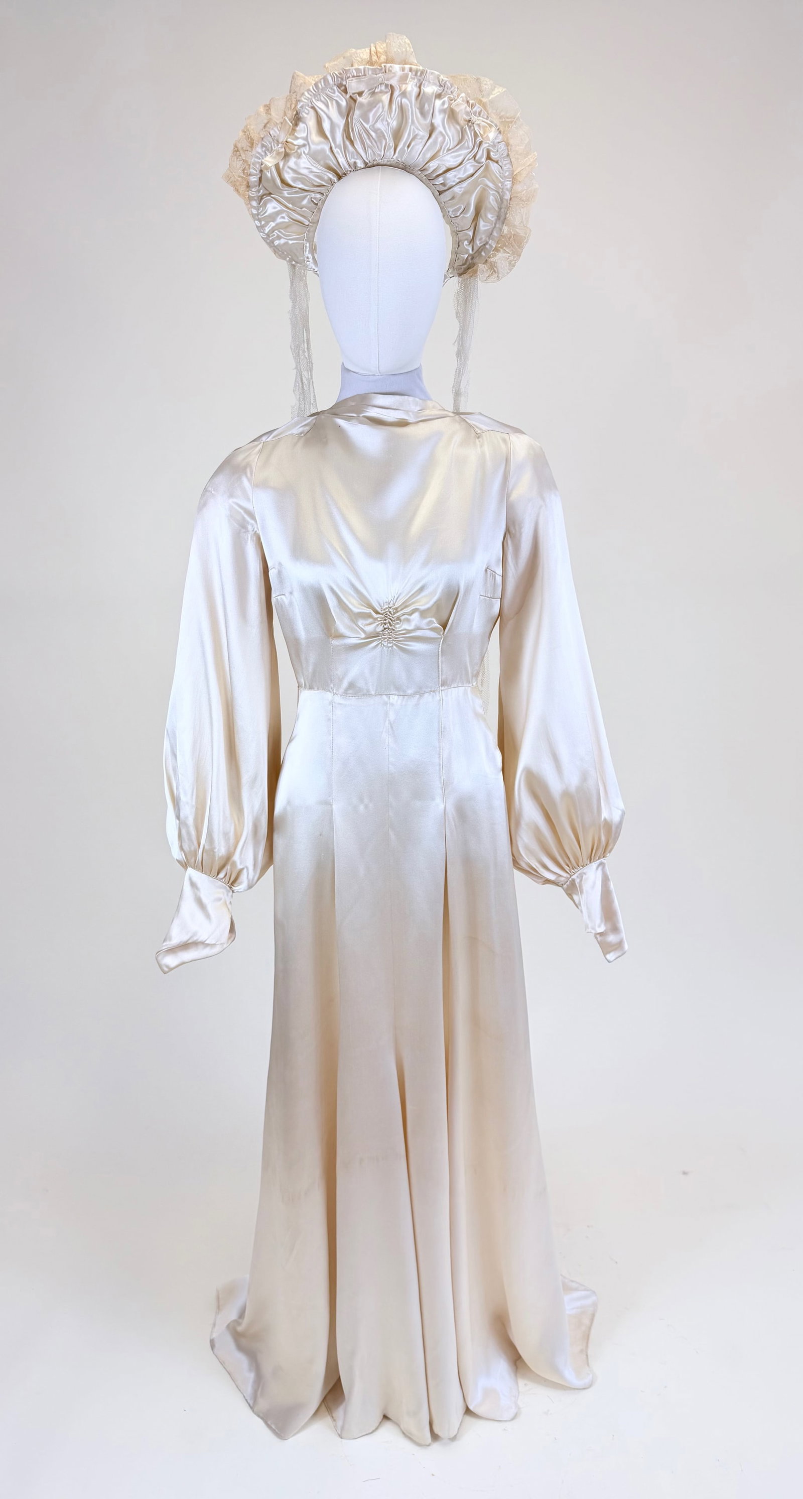 VINTAGE 1930s CREPE BACK SATIN WEDDING GOWN: w/ original headdress, B 35", W 26", some staining, headdress warped w/ tulle damaged, see photos