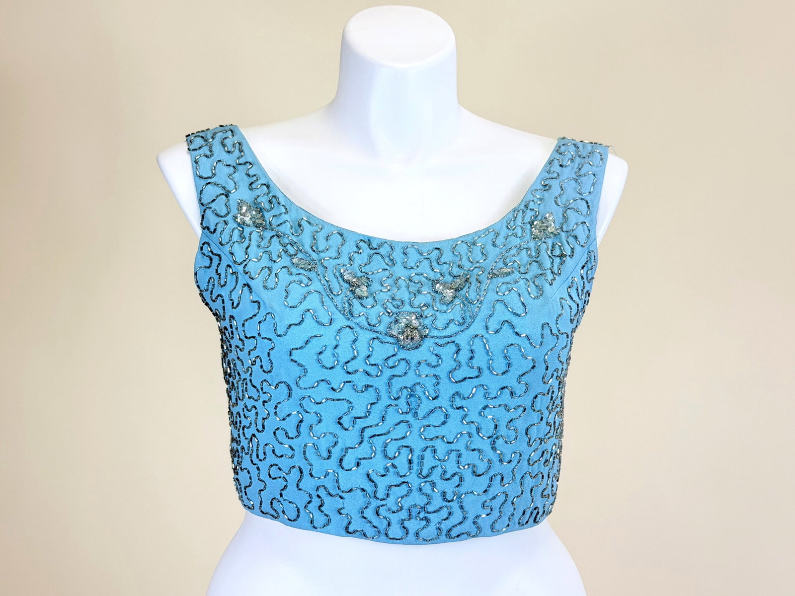 VINTAGE 1960s BEADED CREPE CROP TOP: B 40", W 34", good condition