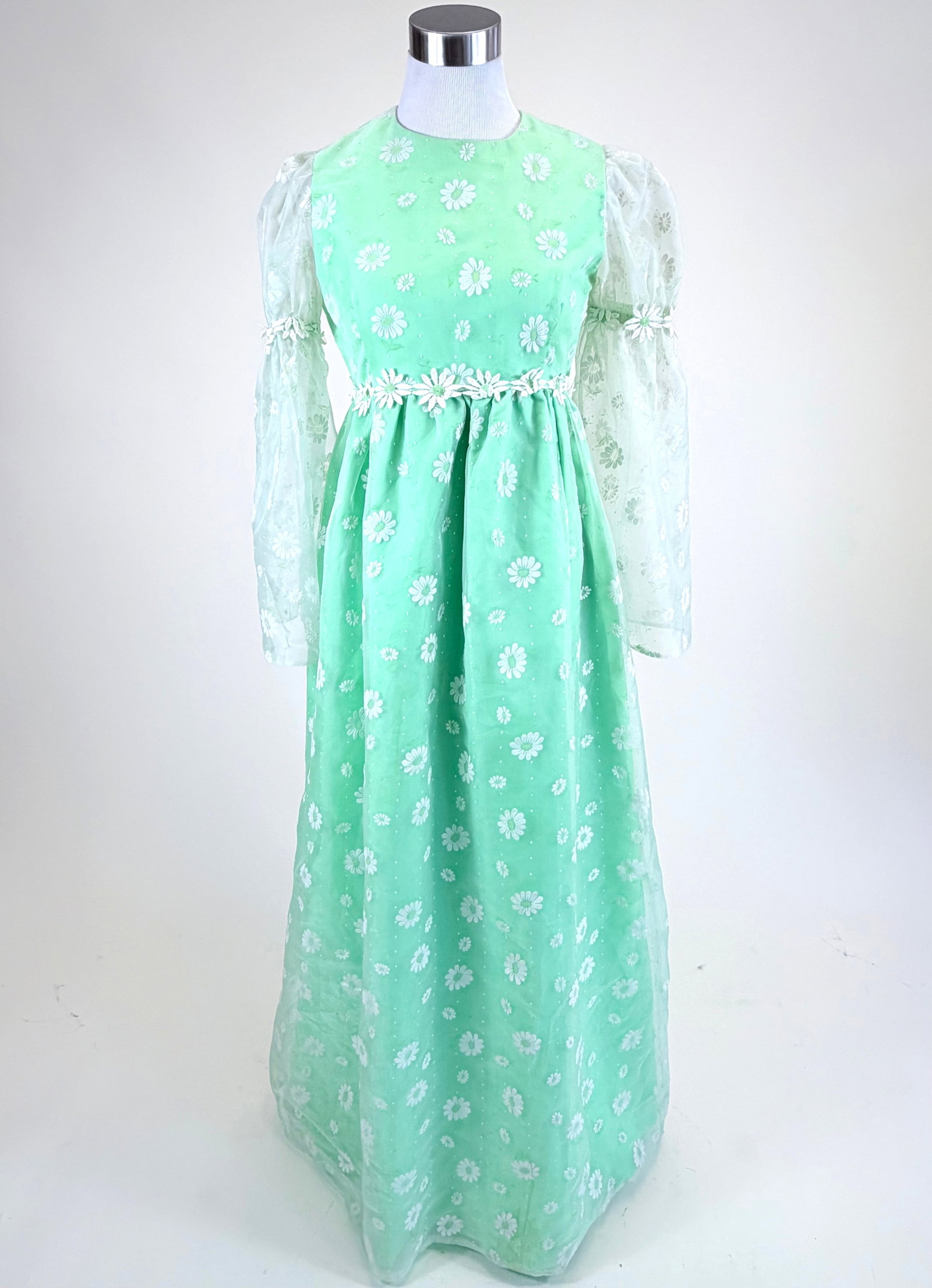 VINTAGE 1960s FLOCKED GAUZE EVENING DRESS: B 34", W 28", light staining, see photos