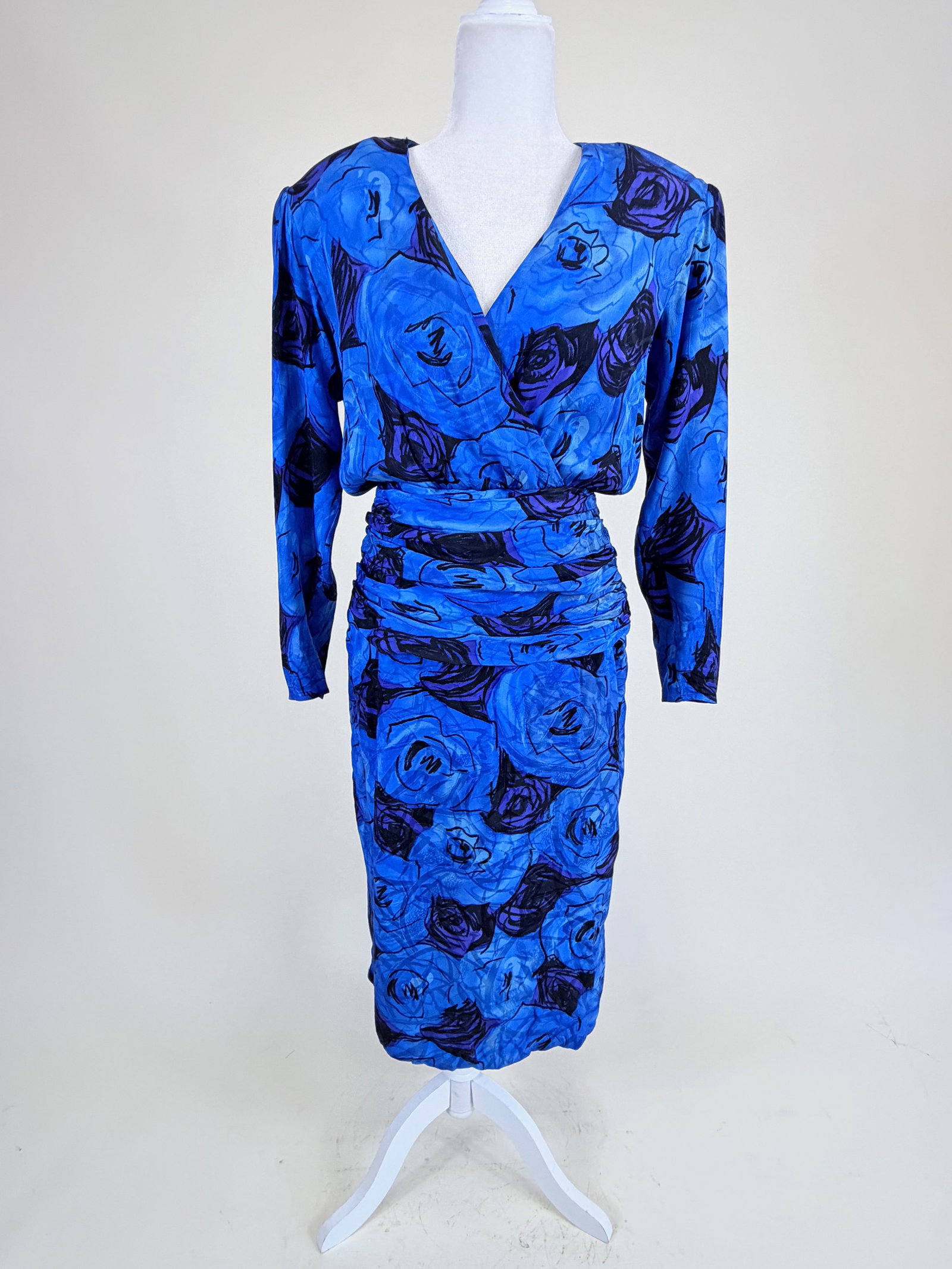 VINTAGE 1980s PRINTED & PATTERNED SILK PARTY DRESS: B 37", W 26", good condition