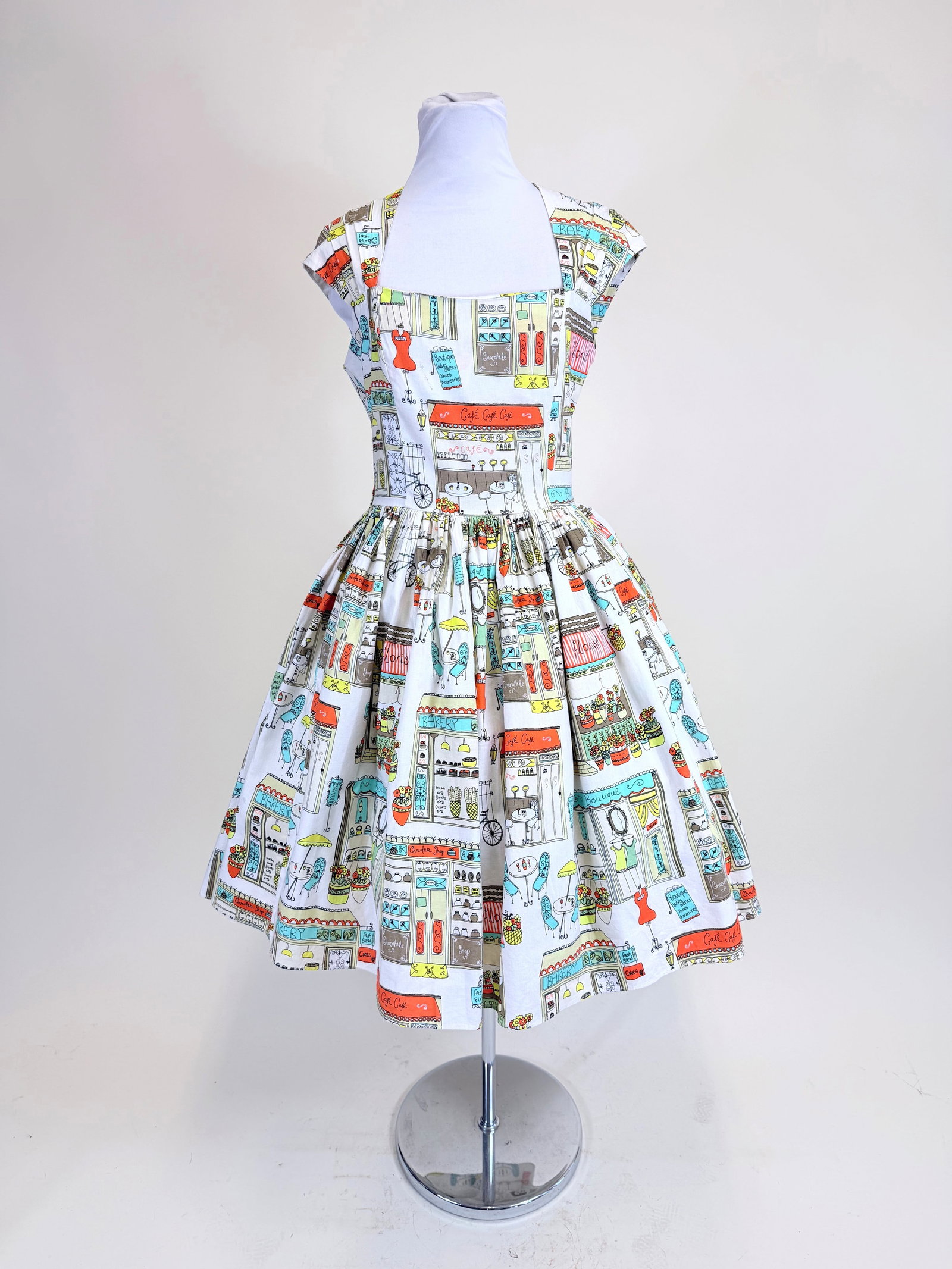 BERNIE DEXTER NOVELTY PRINT 1950s REPRODUCTION COTTON DRESS: B 36", W 30", good condition