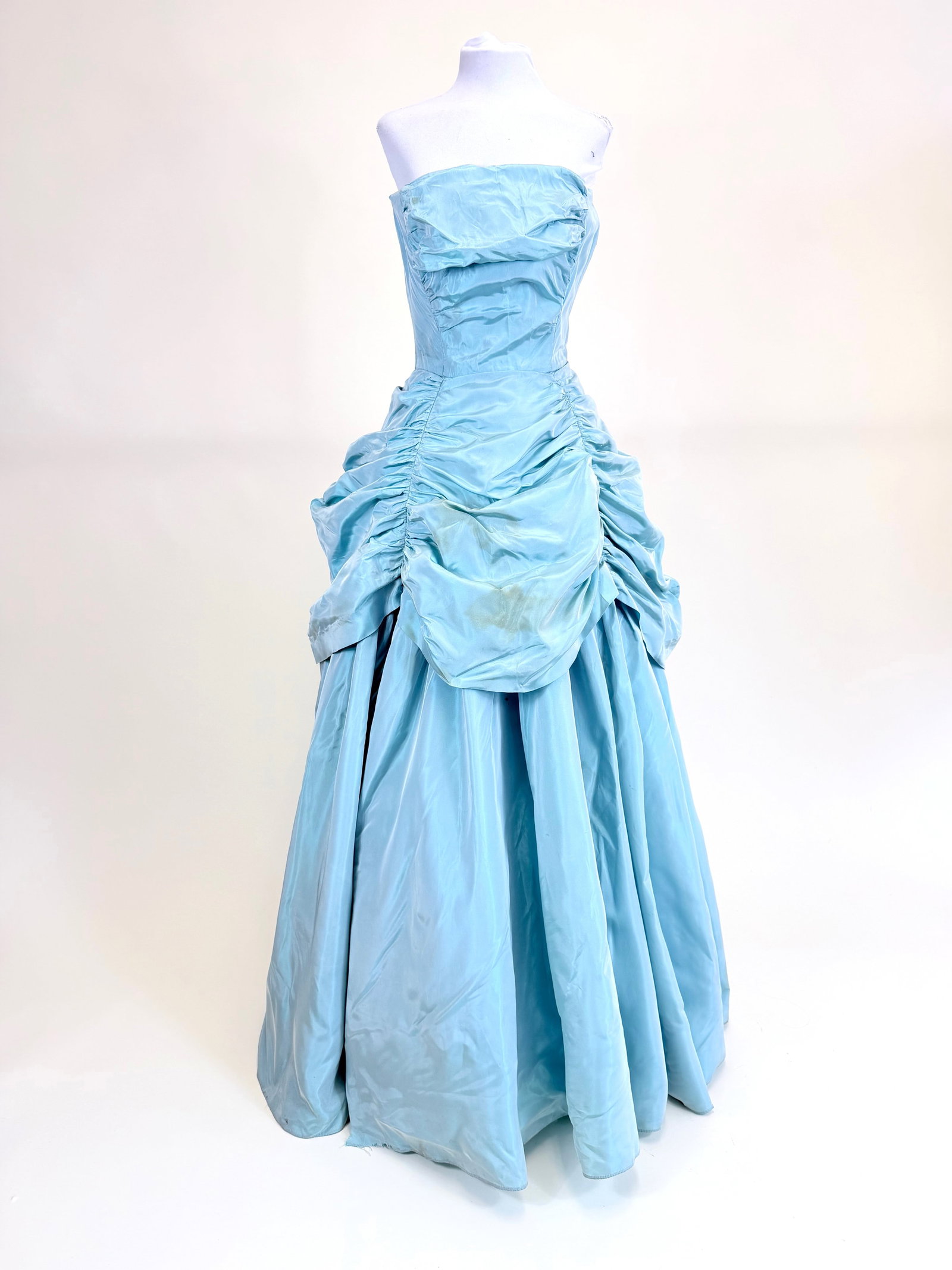 VINTAGE 1950s SILK CHANGEANTE BALLGOWN: B 32", W 22", staining, some holes/fraying at hem, see photos